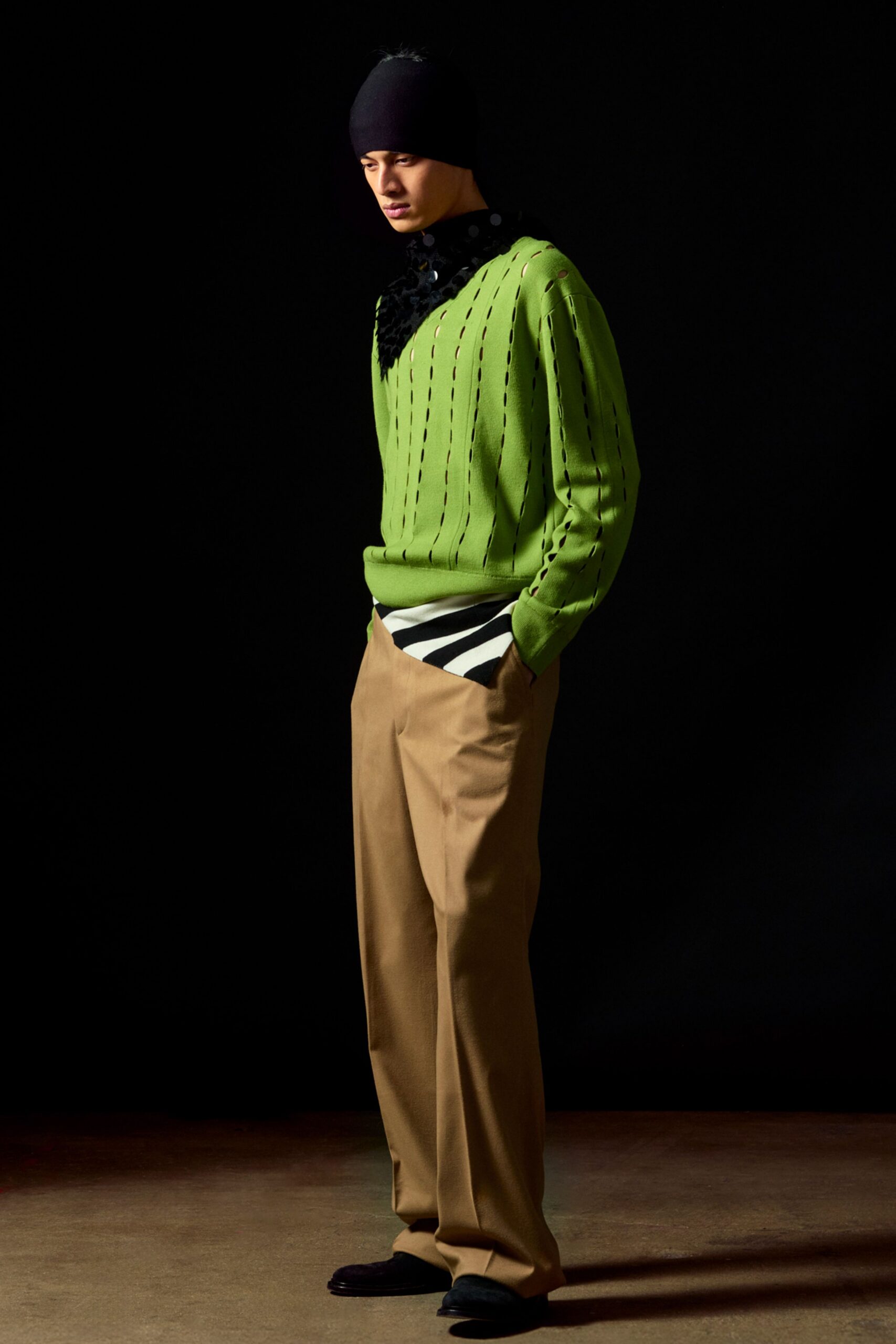 green cotton long-sleeve v-neck relaxed striped sweater
