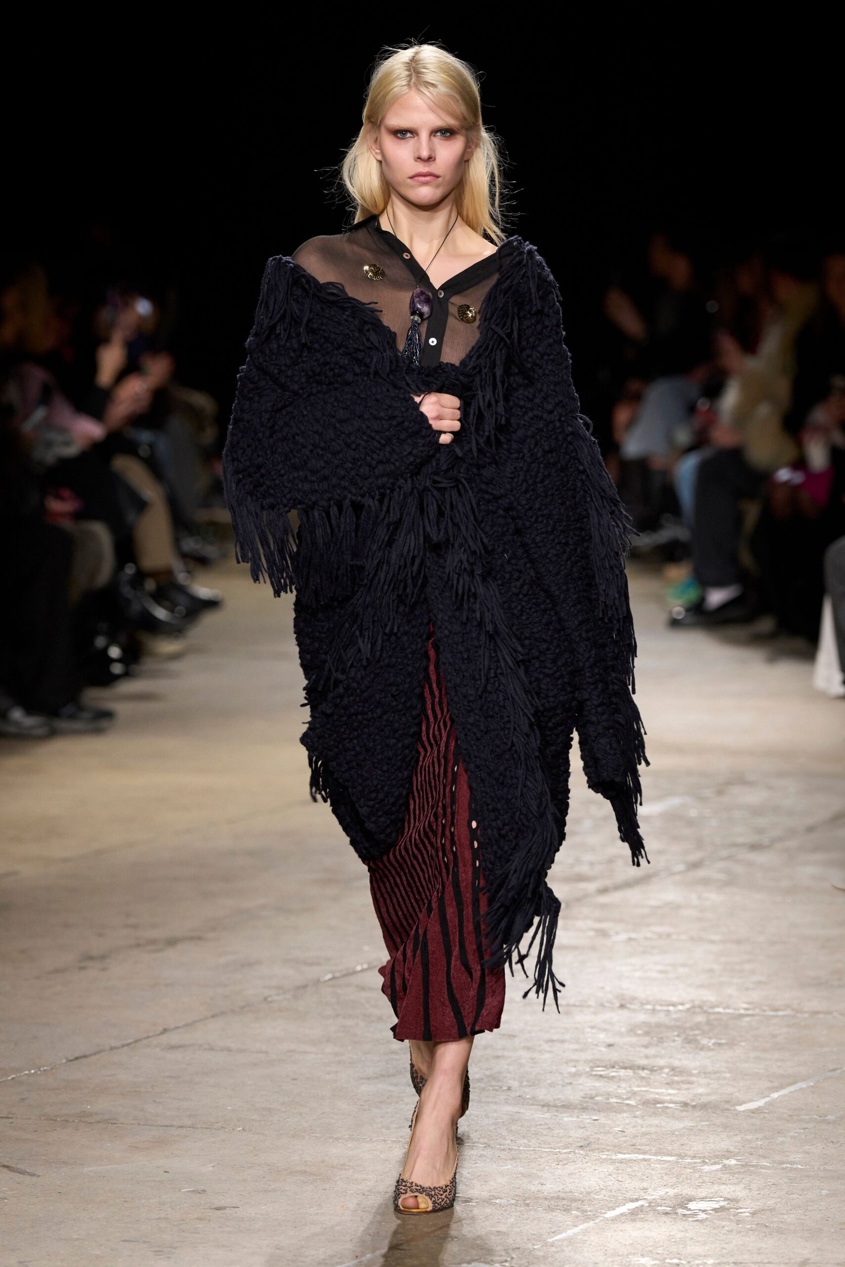 black wool long-sleeve oversized fringed poncho
