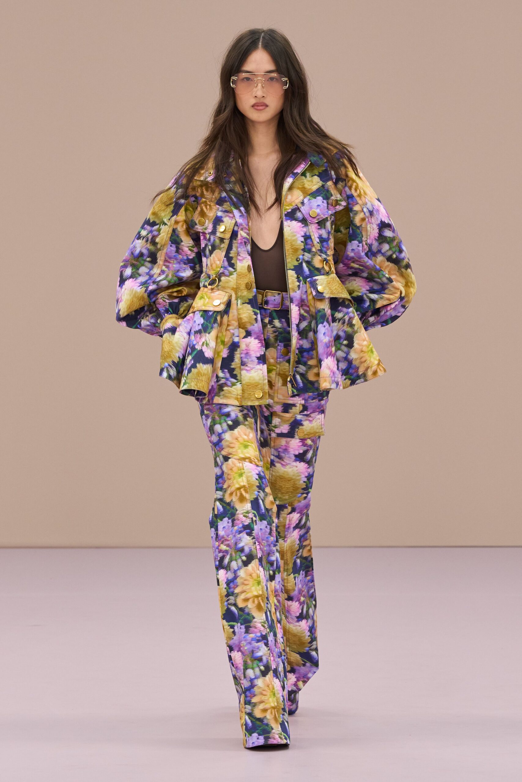 purple long-sleeve collared oversized floral jacket