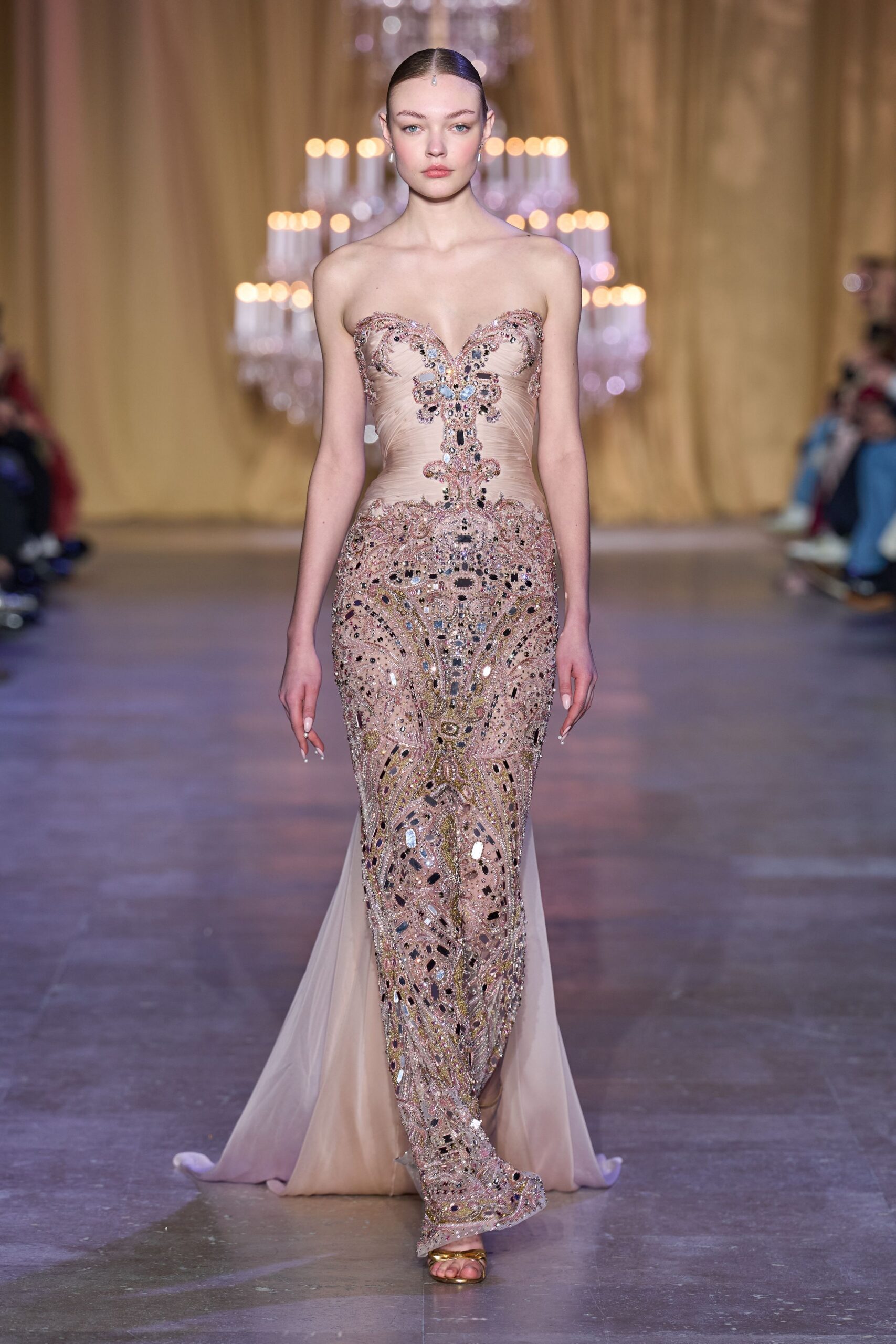 beige silk strapless fitted embroidered sequined gown