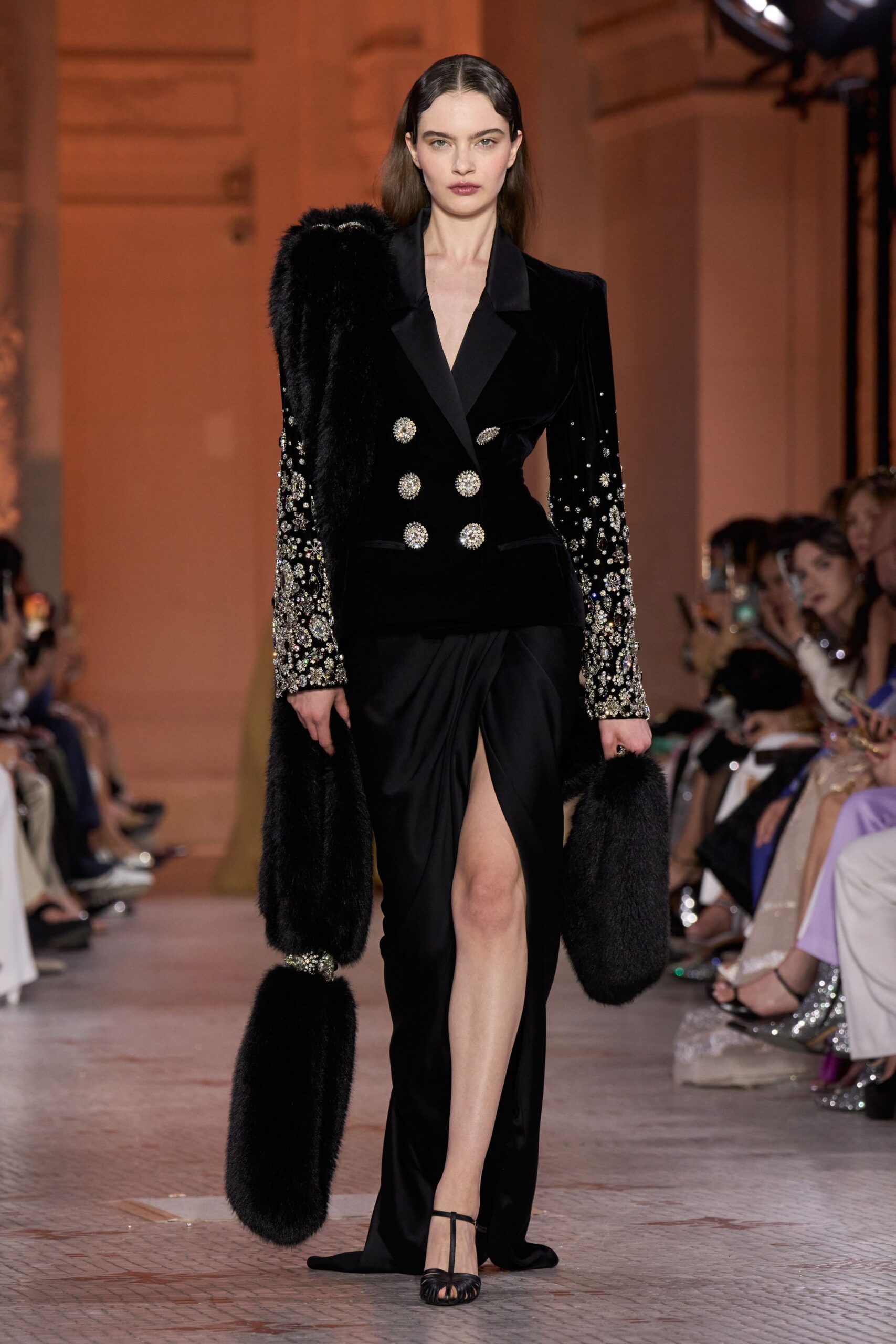 black velvet long-sleeve v-neck fitted pleated embellished gown