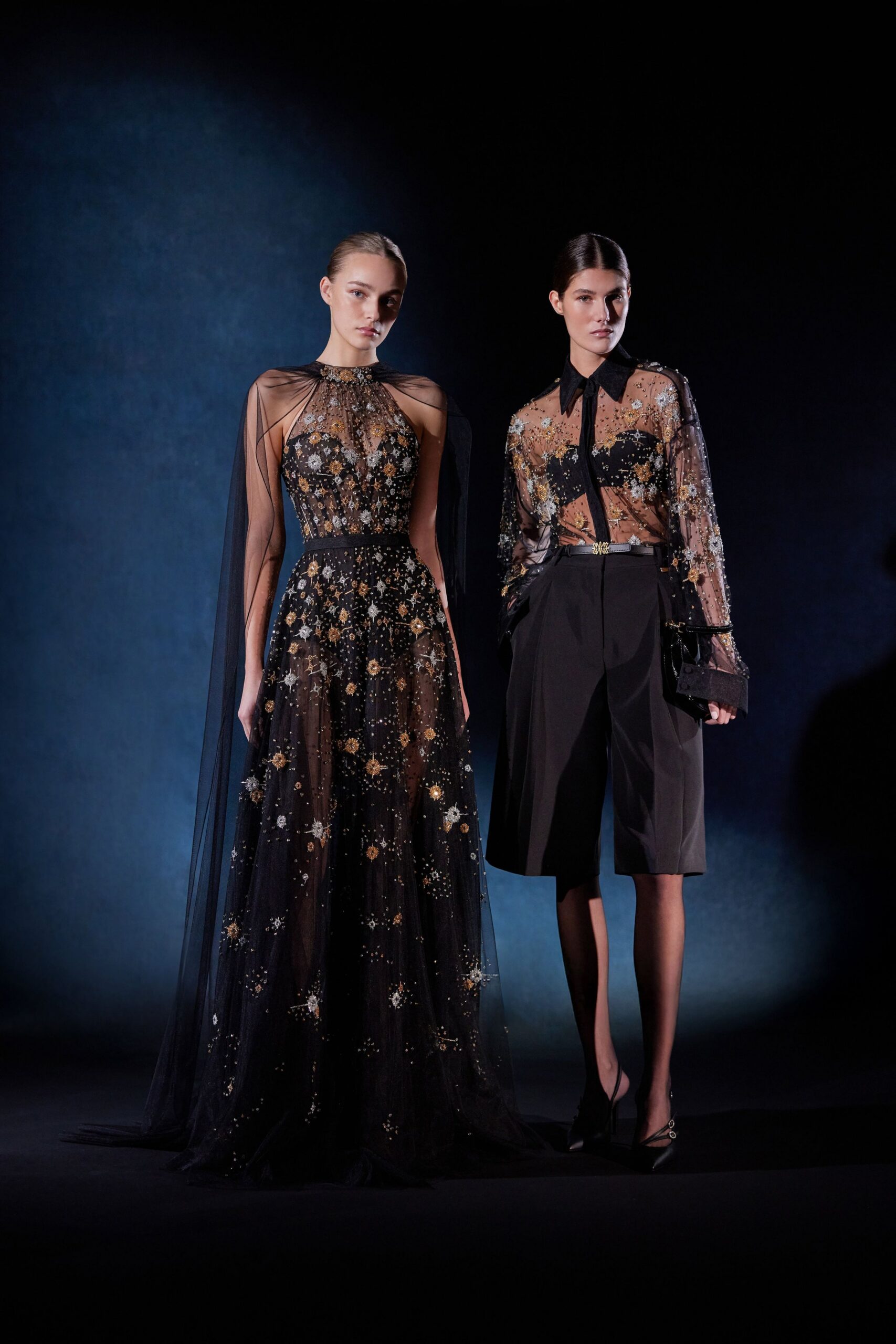 black tulle sleeveless high-neck fitted embroidered gown