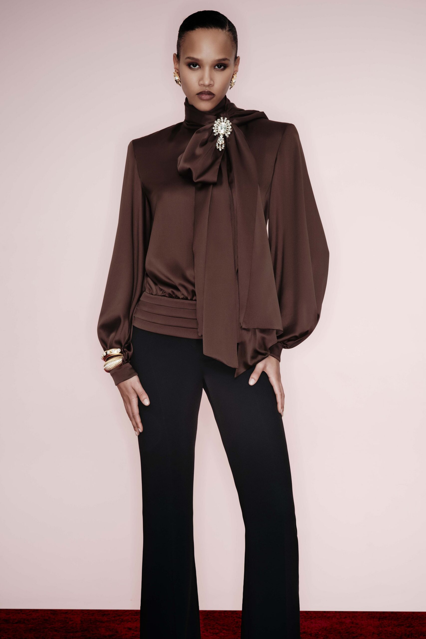 brown silk long-sleeve collared fitted pleated blouse