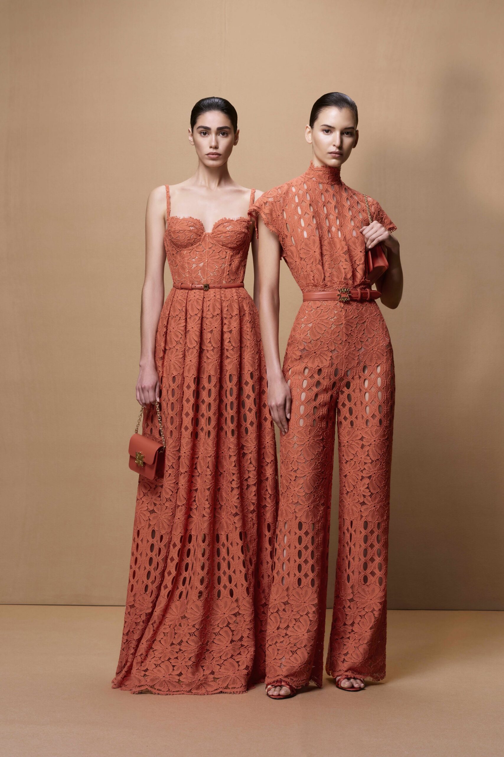 orange lace gown and jumpsuit