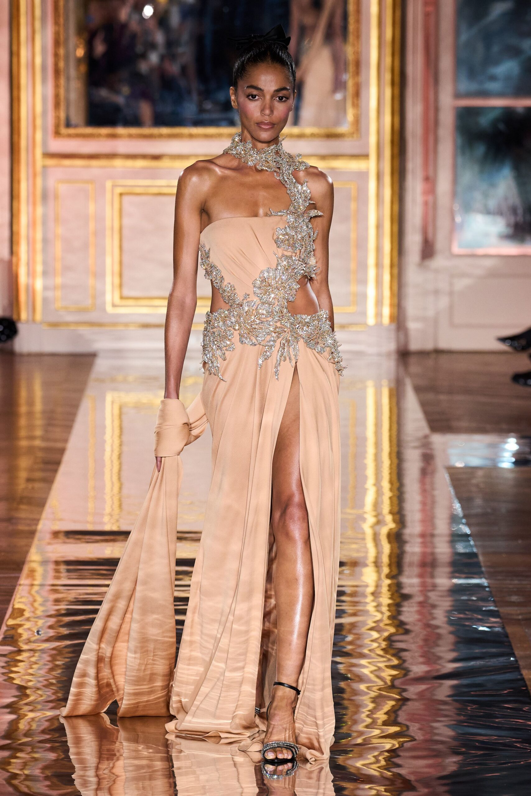 peach silk fitted gown