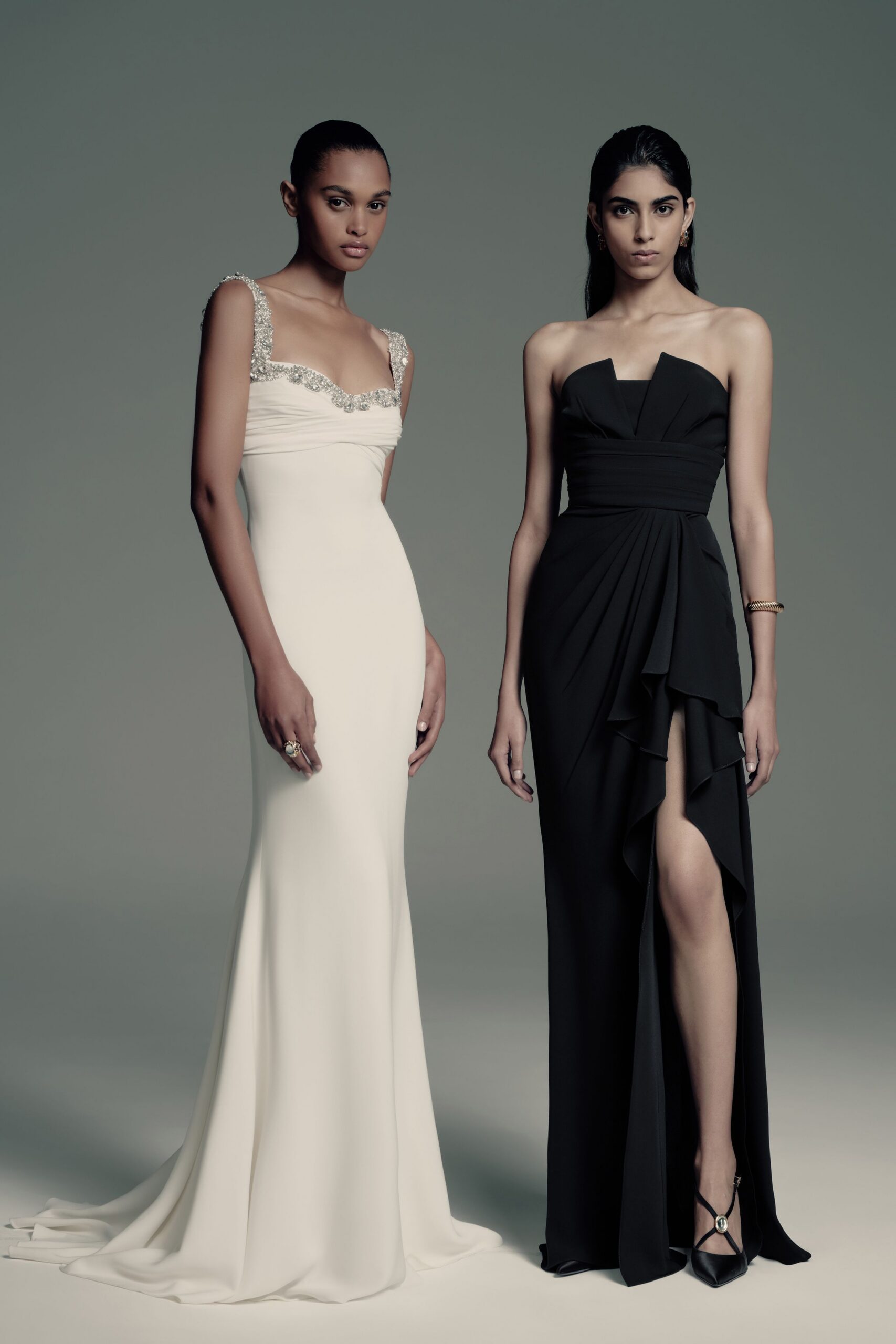 white and black fitted gowns