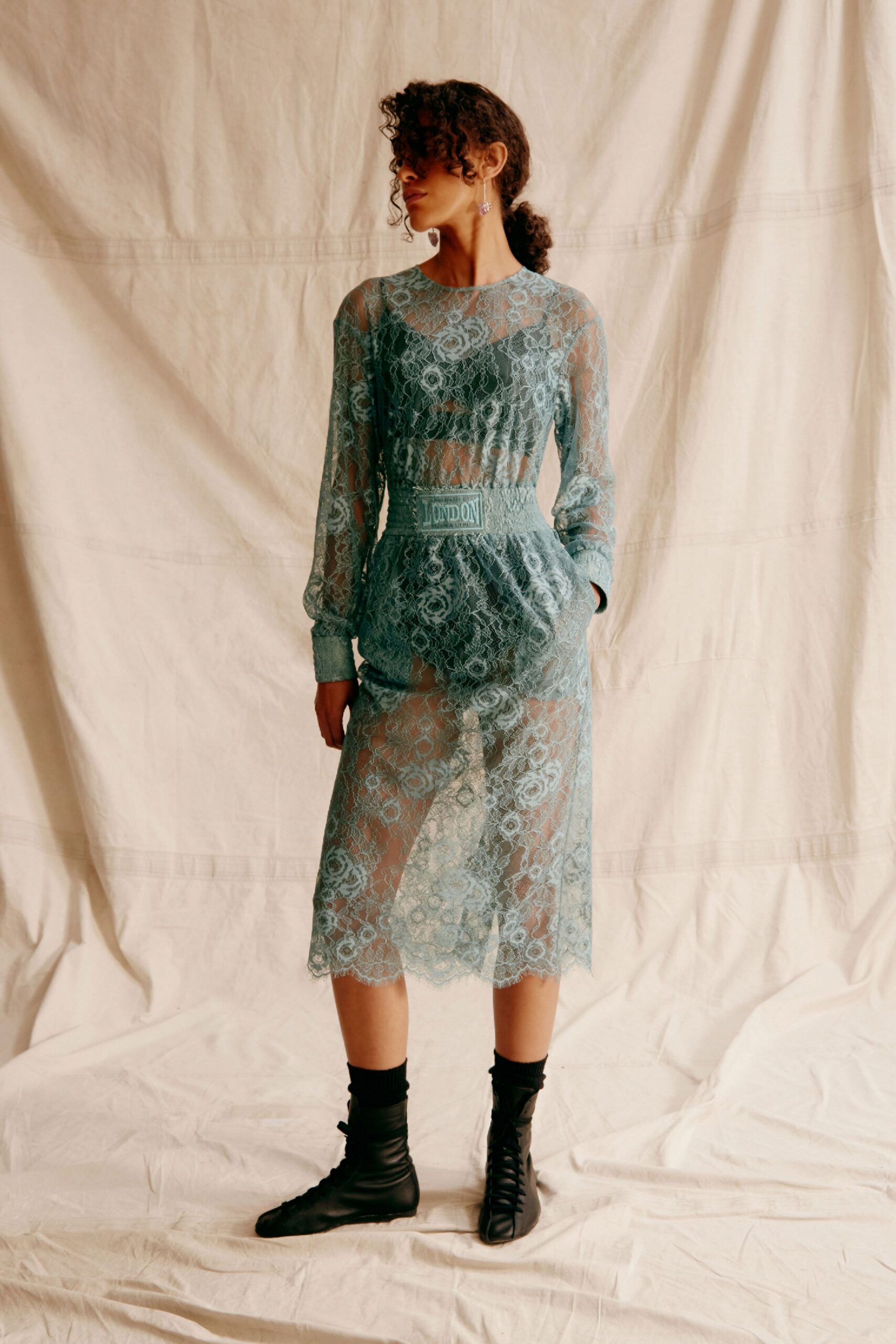 blue lace long-sleeve high-neck fitted embroidered tiered dress