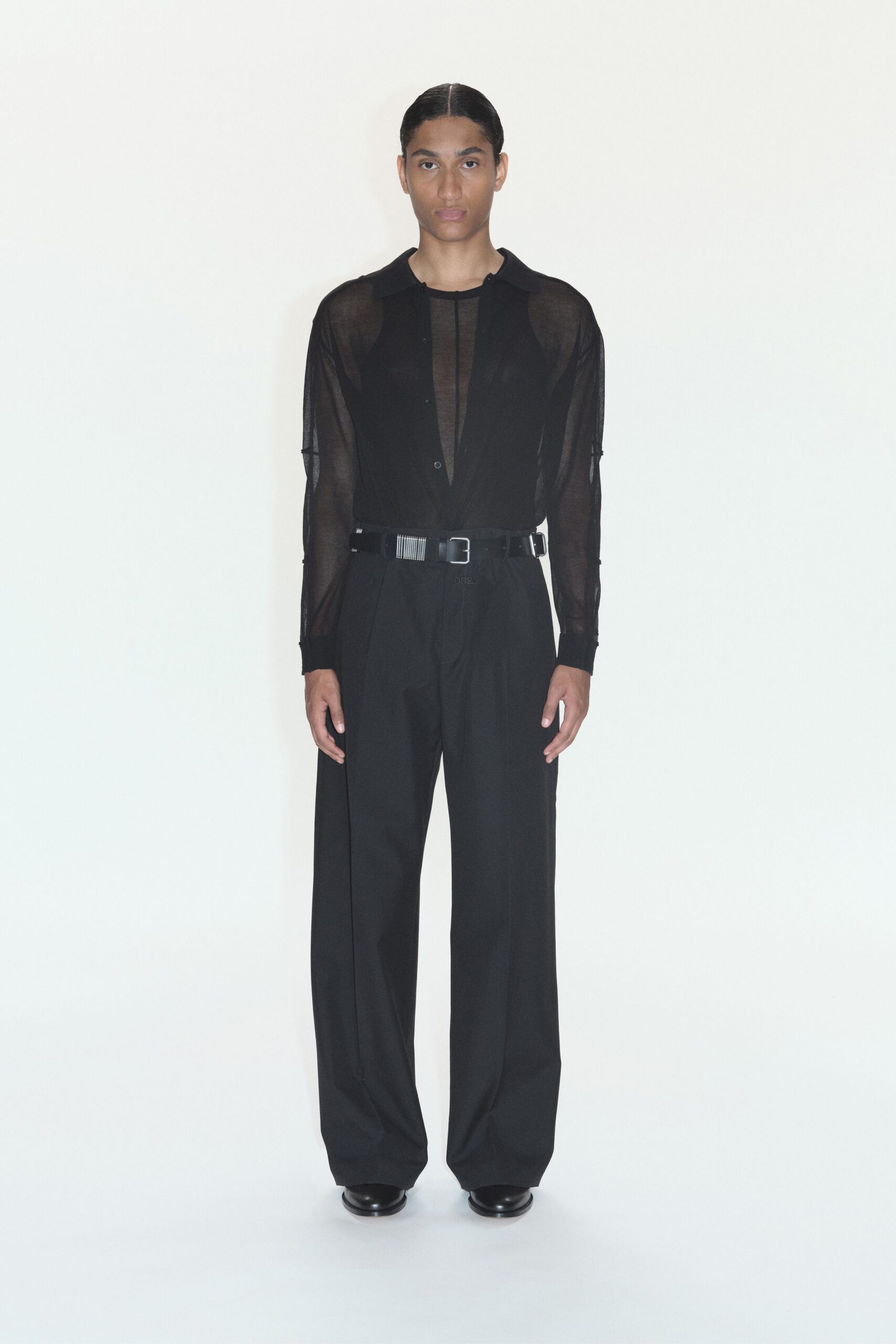 black mesh long-sleeve collared fitted sheer shirt