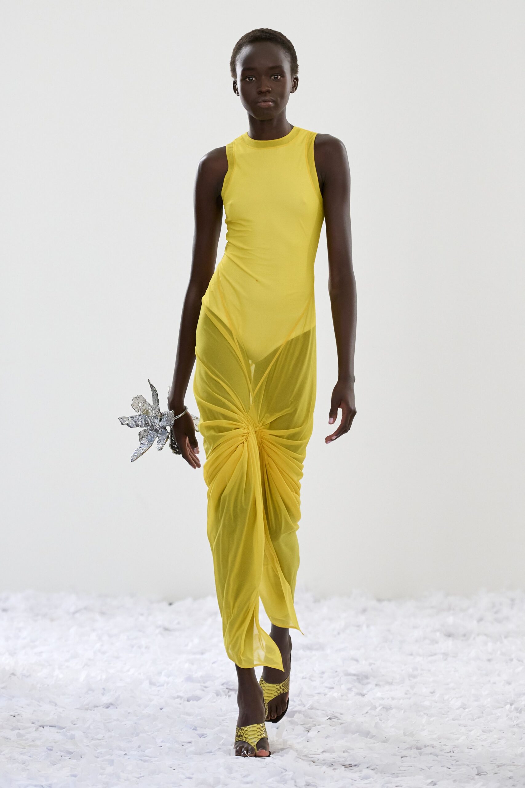 yellow silk sleeveless high-neck fitted ruched pleated dress
