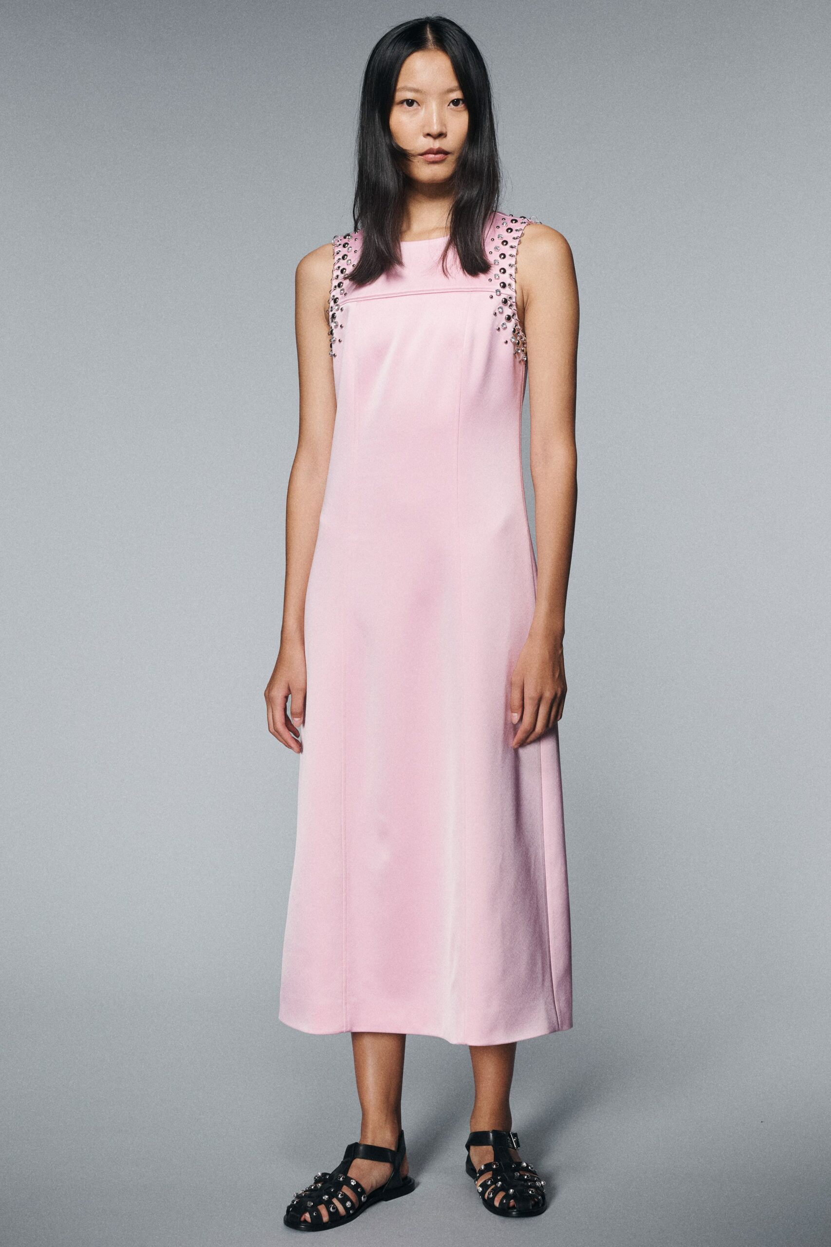 pink silk embellished midi dress