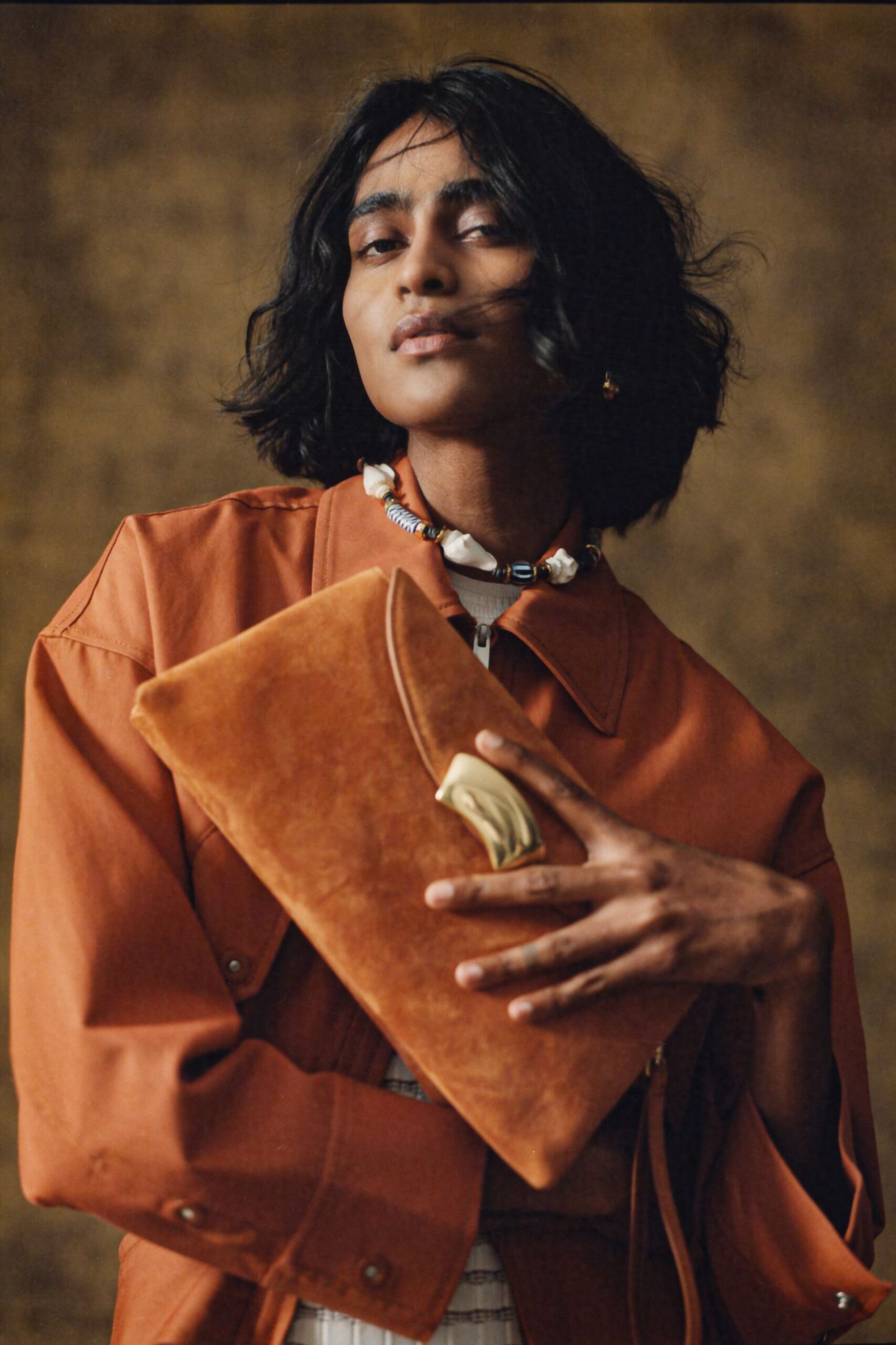 orange suede long-sleeve collared relaxed jacket
