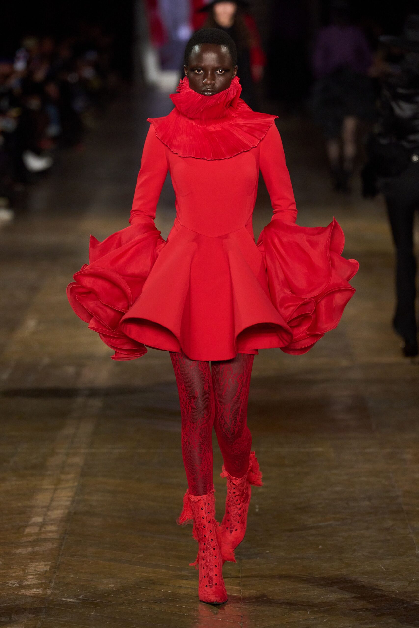 red silk long-sleeve high-neck fitted pleated ruffled dress