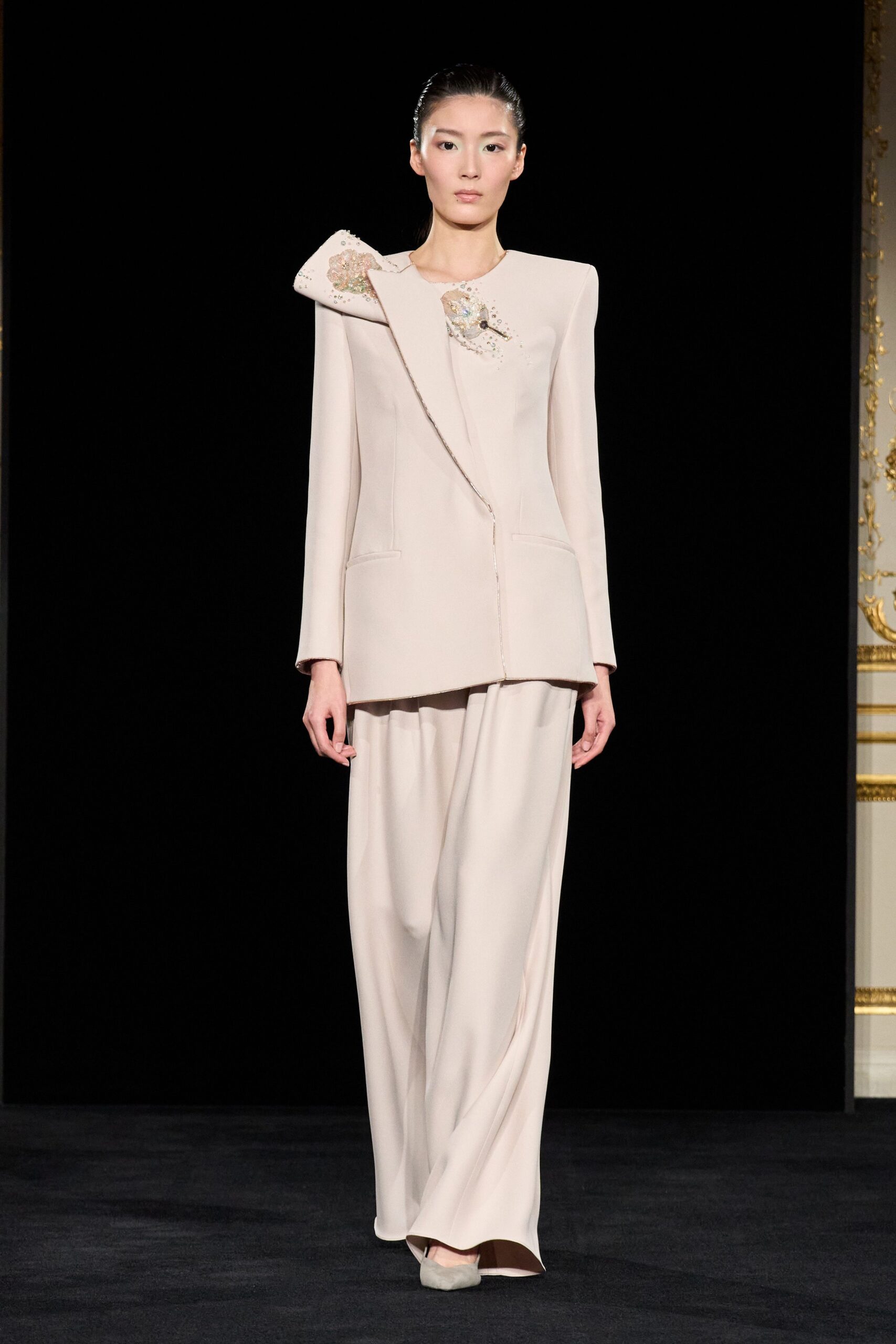 beige silk long-sleeve collared tailored buttoned embroidered suit