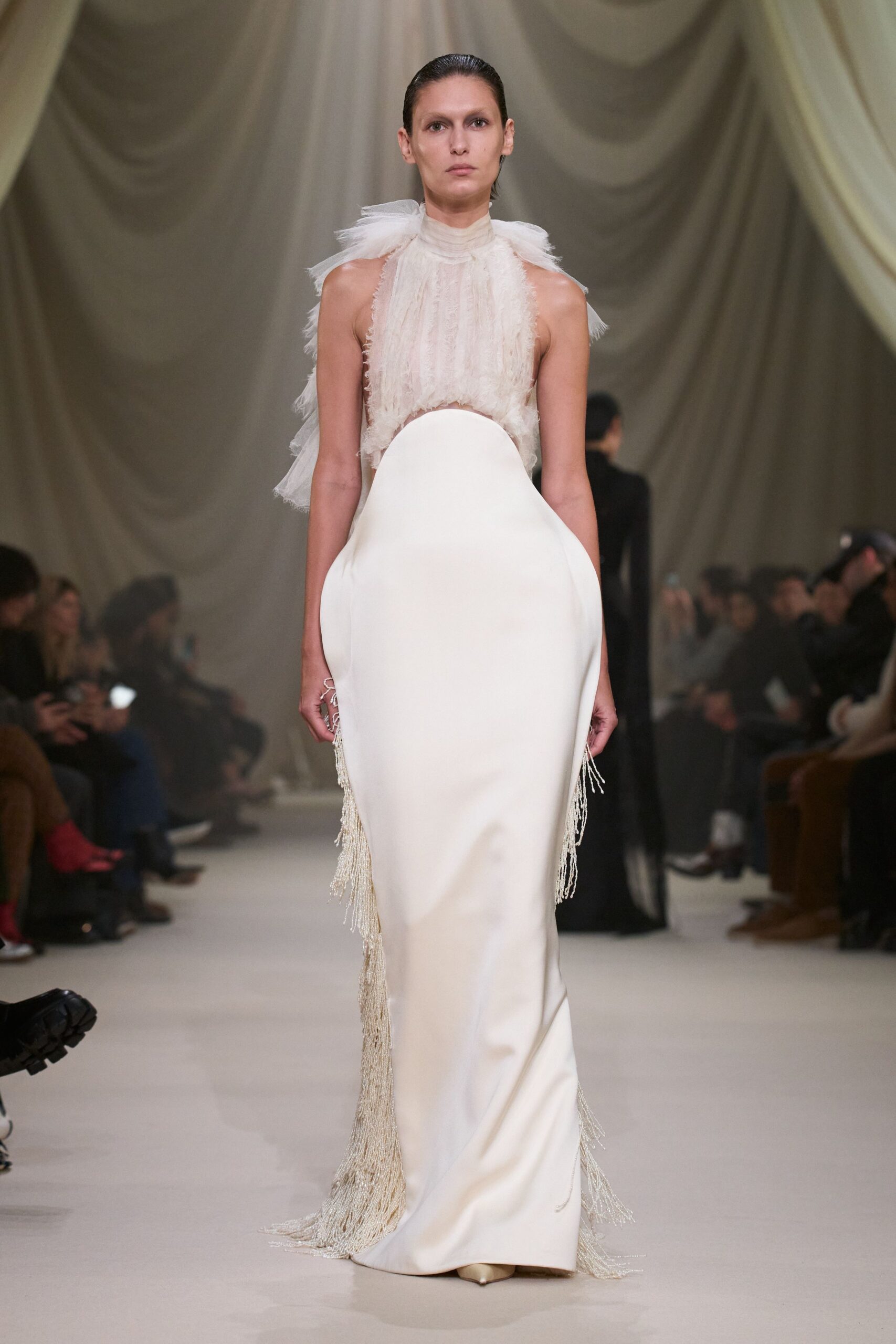 white silk sleeveless gown