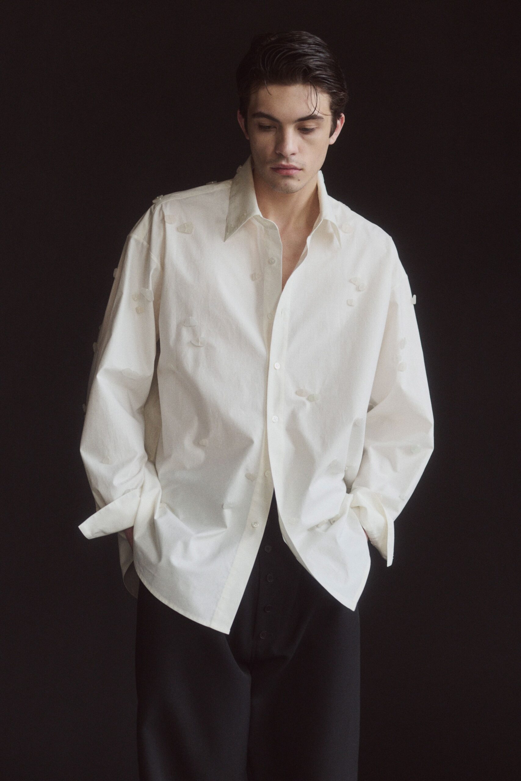 white cotton long-sleeve collared relaxed embroidered shirt
