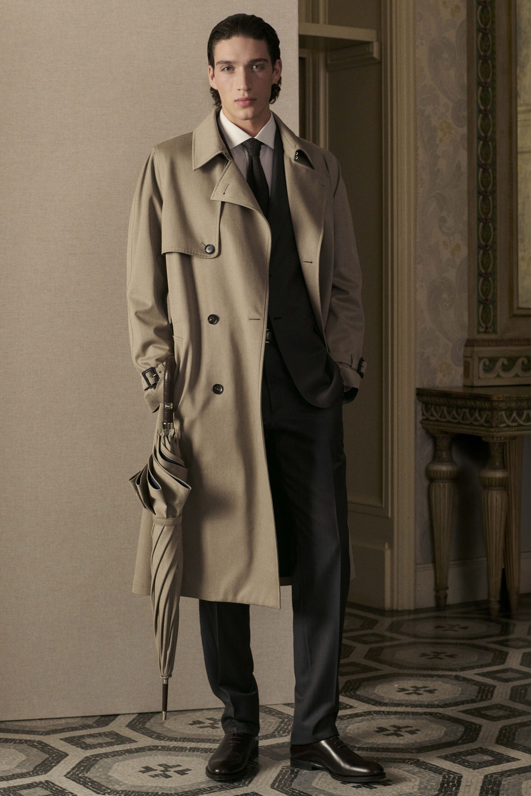 beige cotton long-sleeve collared structured buttoned trench