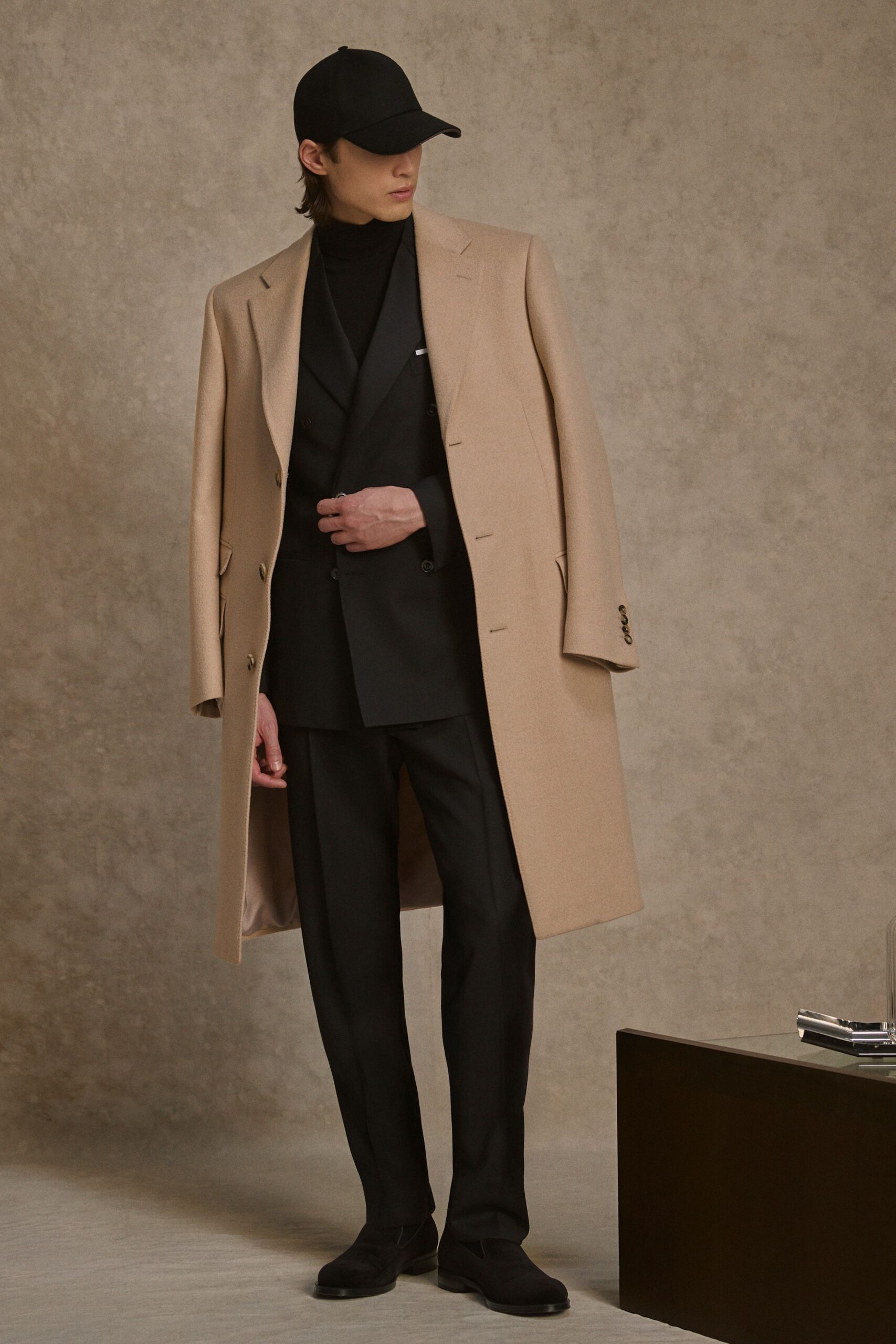 beige wool long-sleeve collared structured buttoned coat