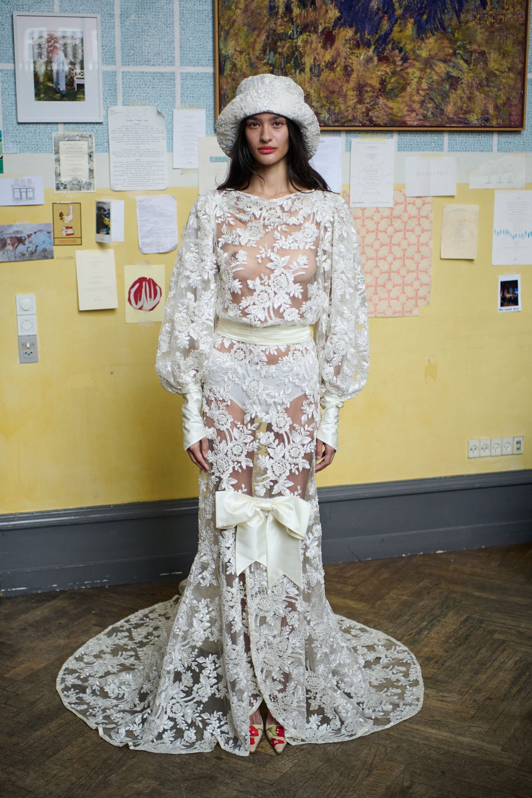 white lace long-sleeve off-shoulder fitted embroidered tiered gown
