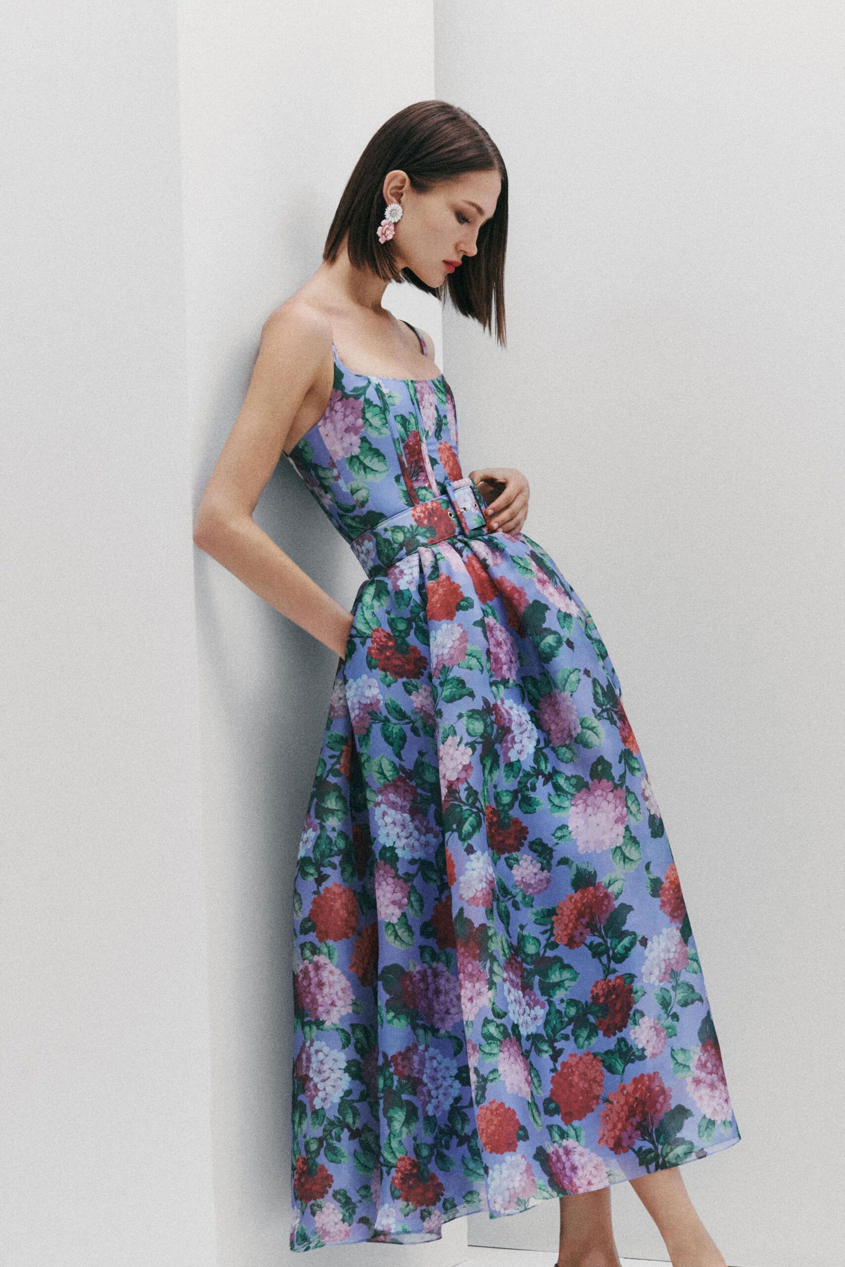 floral midi dress with beige shoes