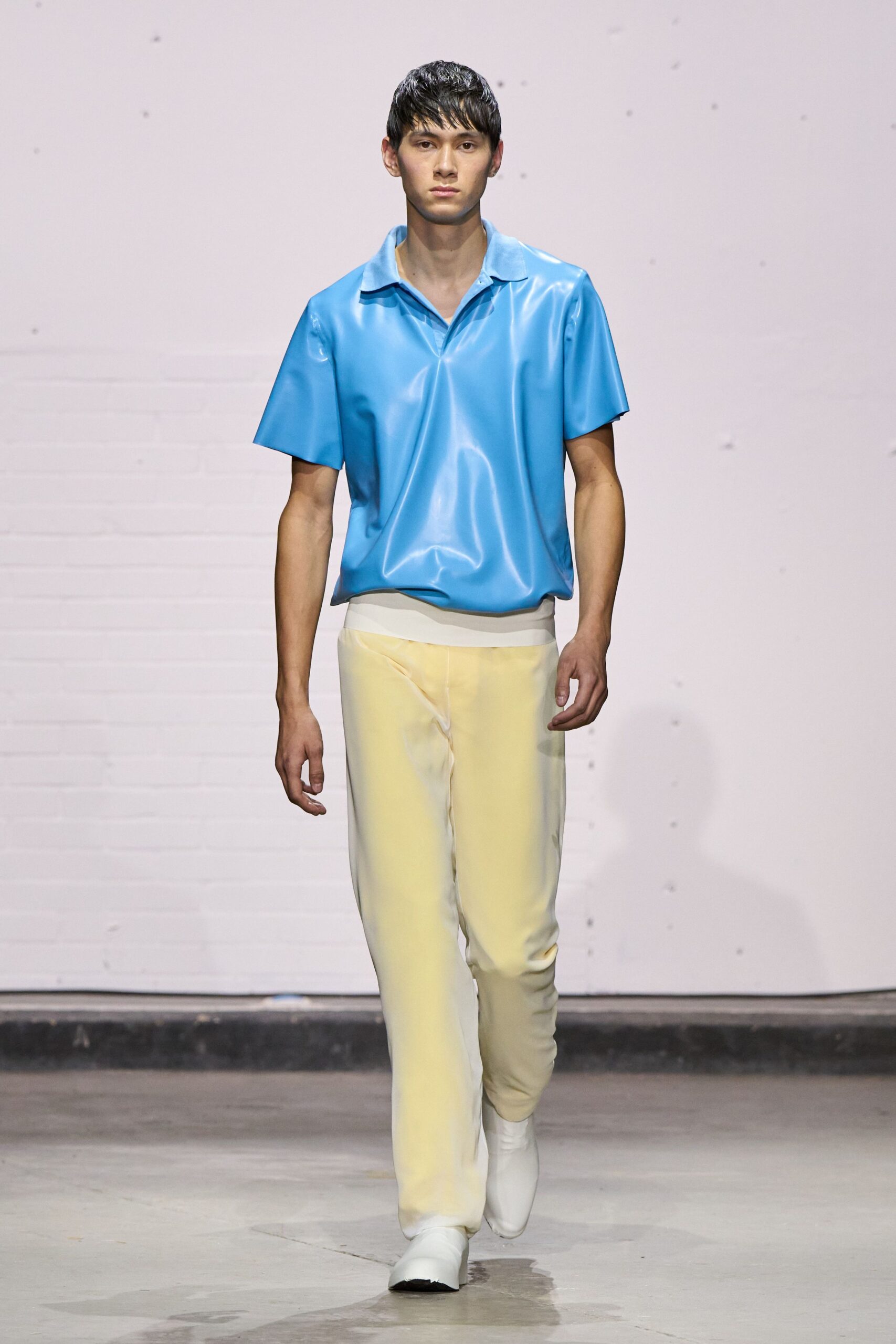 yellow silk fitted straight-leg pants