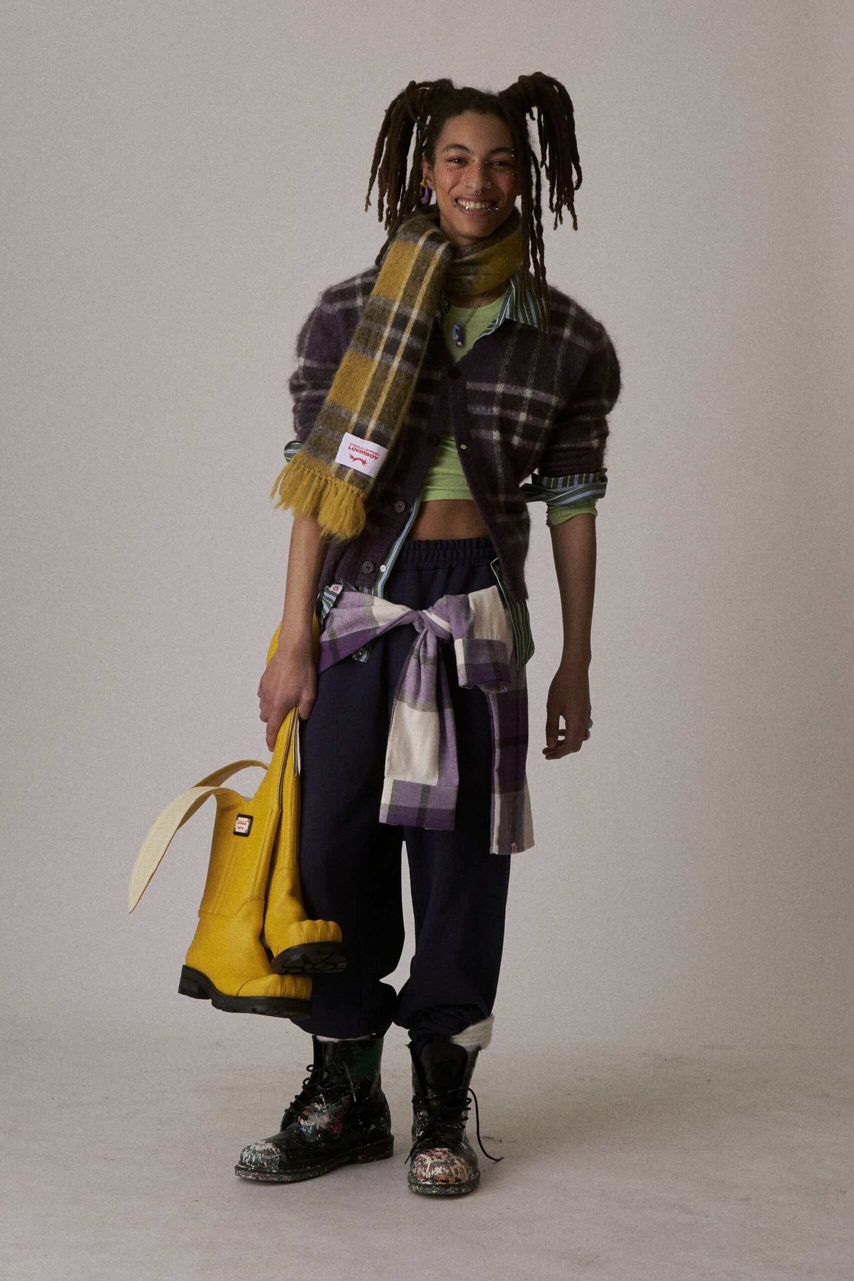 purple wool long-sleeve collared relaxed checked sweater