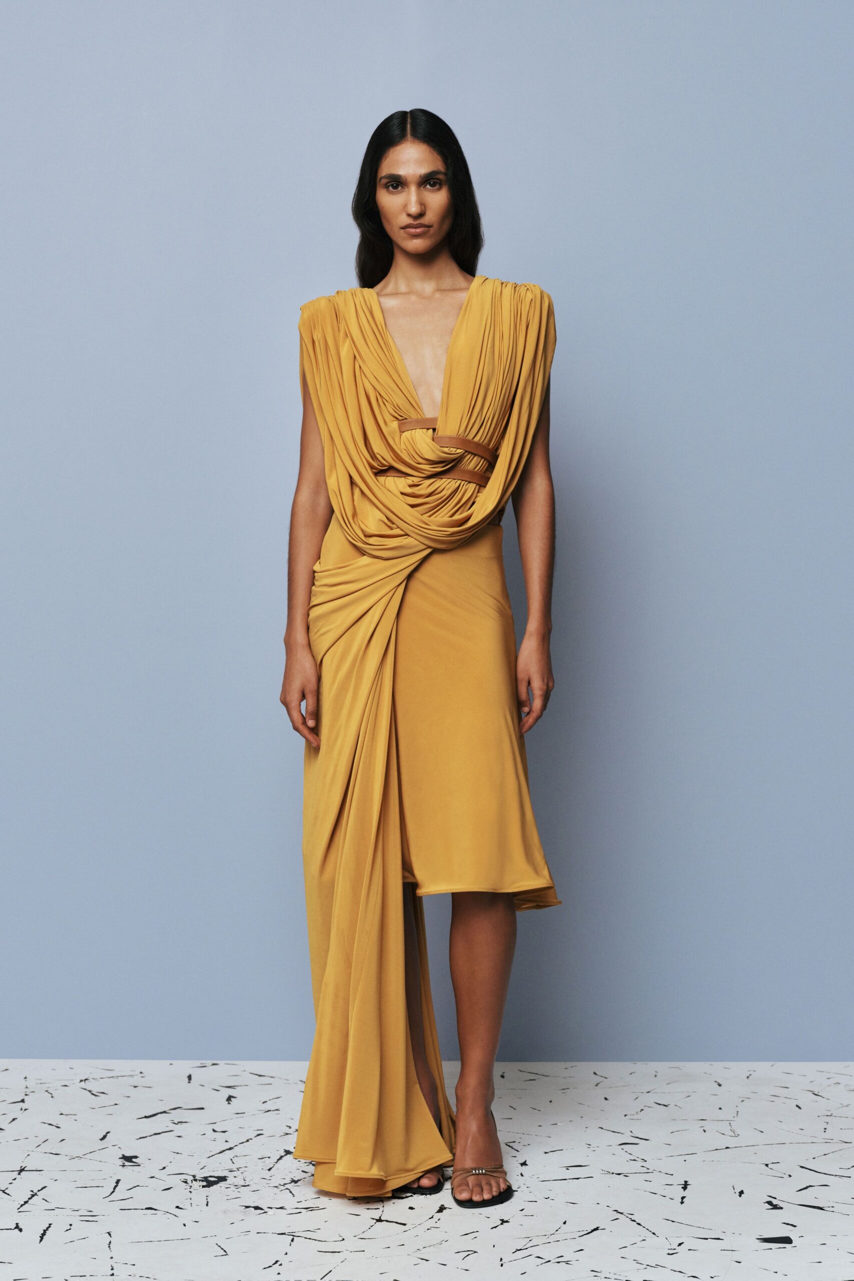 yellow silk sleeveless v-neck fitted draped midi dress
