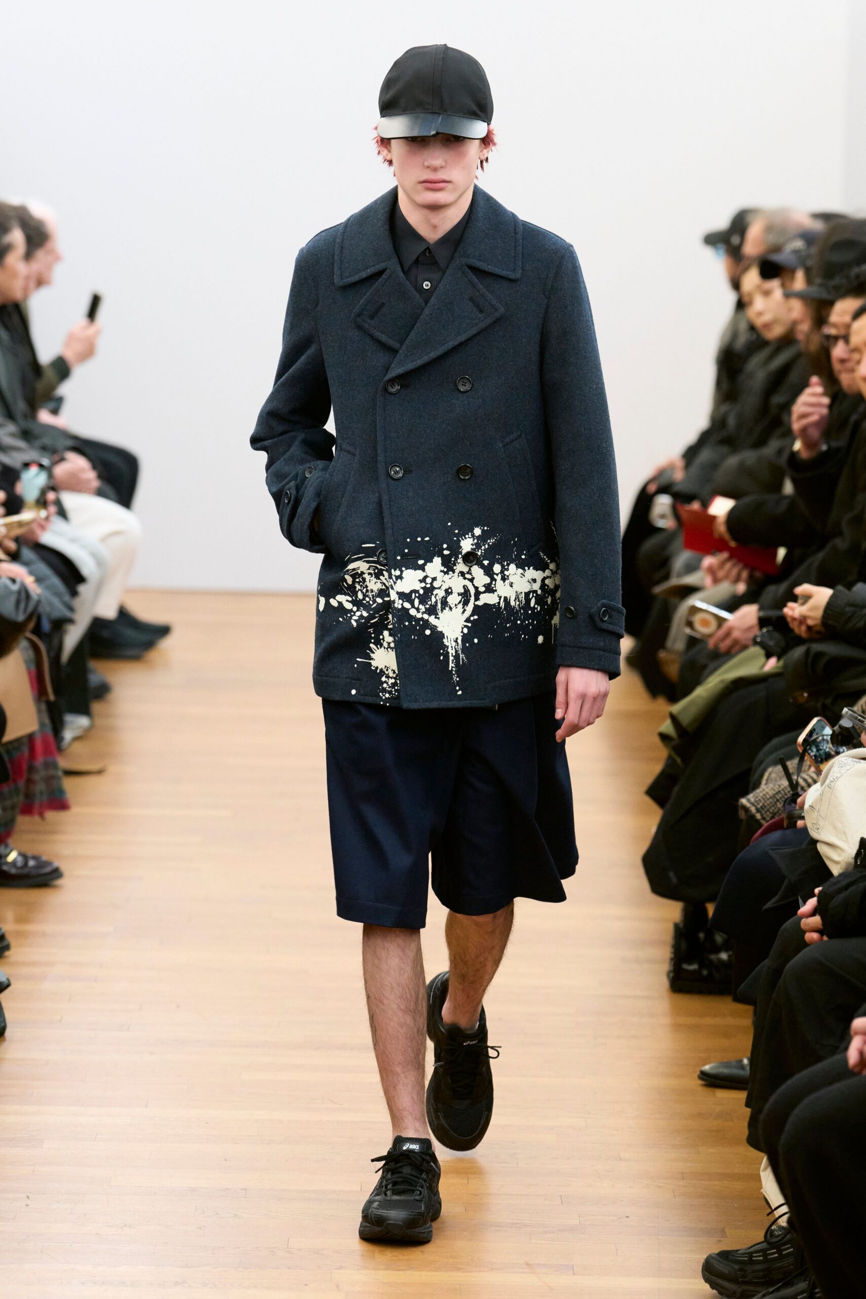 blue cotton long-sleeve collared structured zippered printed jacket