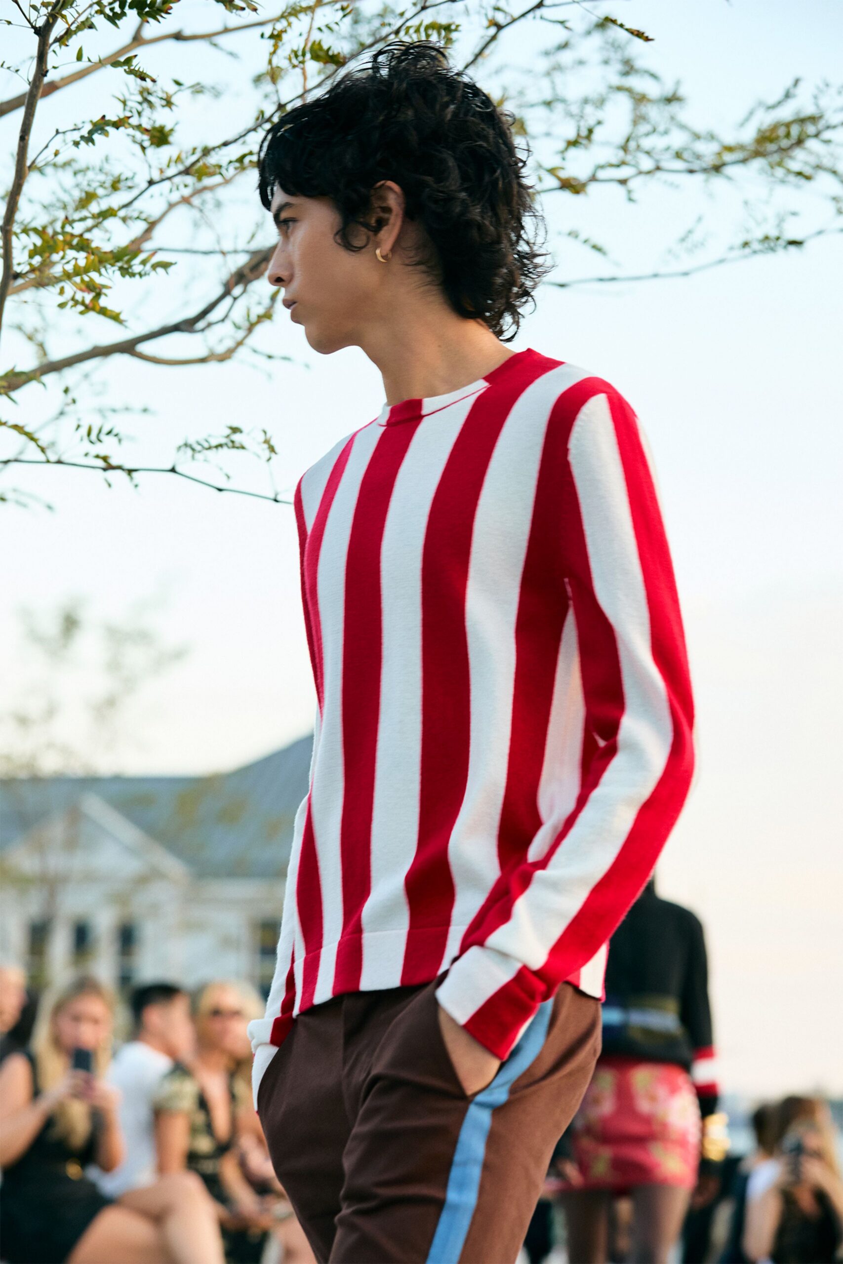 red cotton long-sleeve collared fitted striped sweater