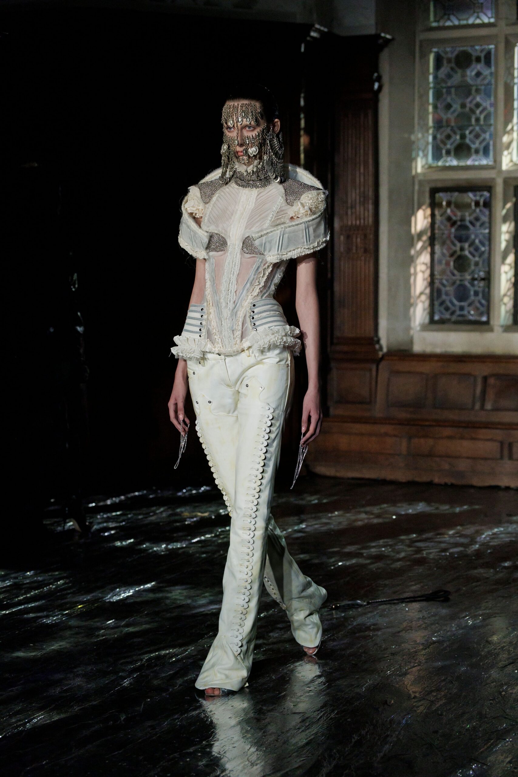 white silk sleeveless high-neck fitted embroidered corset