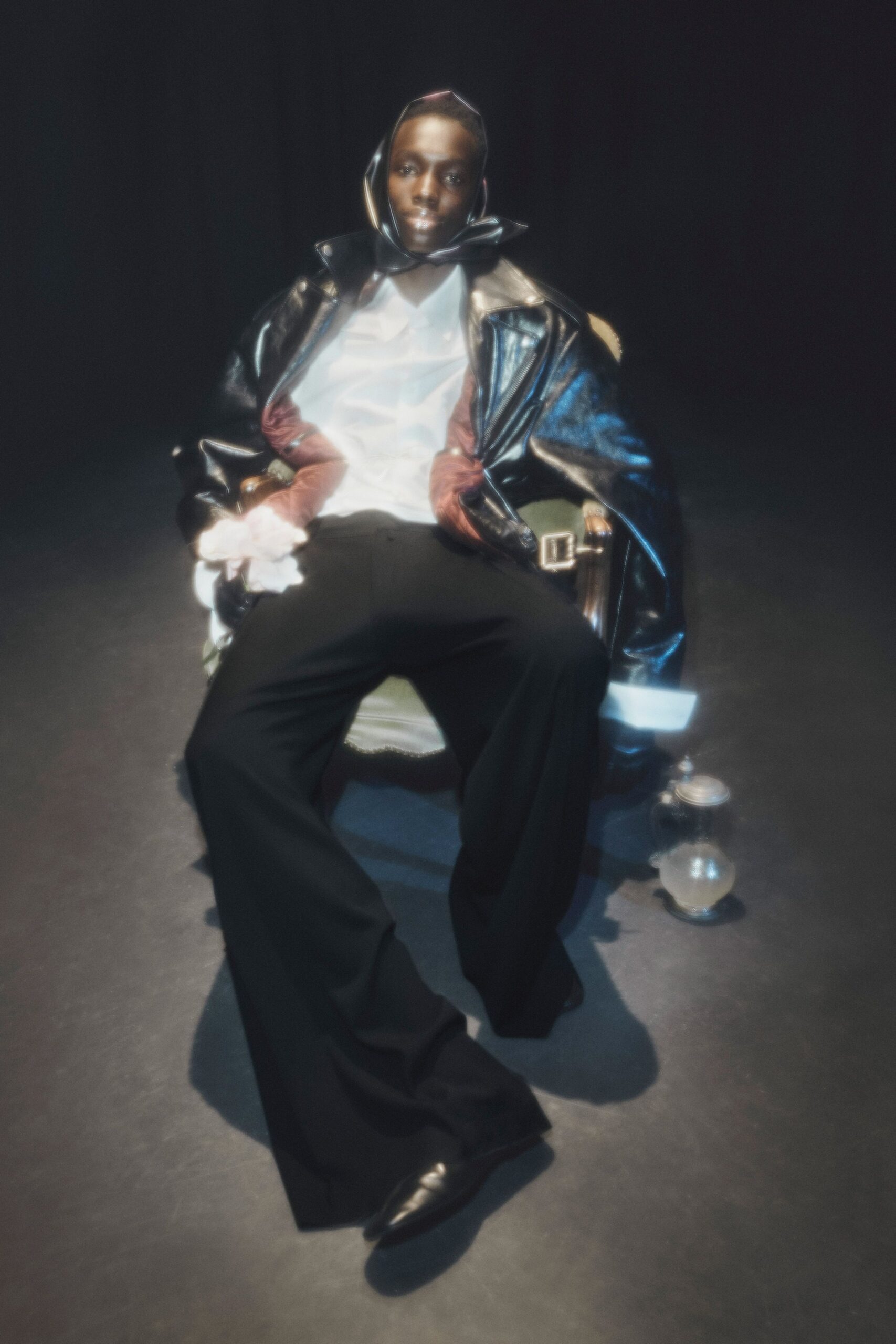 black leather coat with white shirt