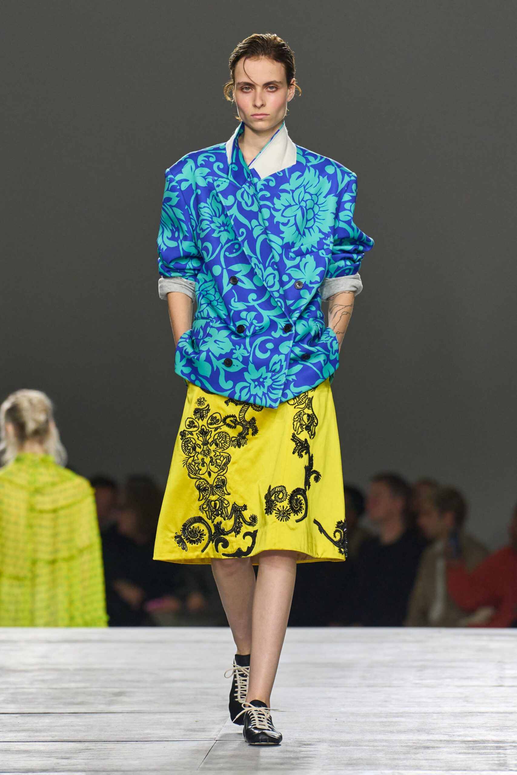 blue long-sleeve collared oversized printed jacket