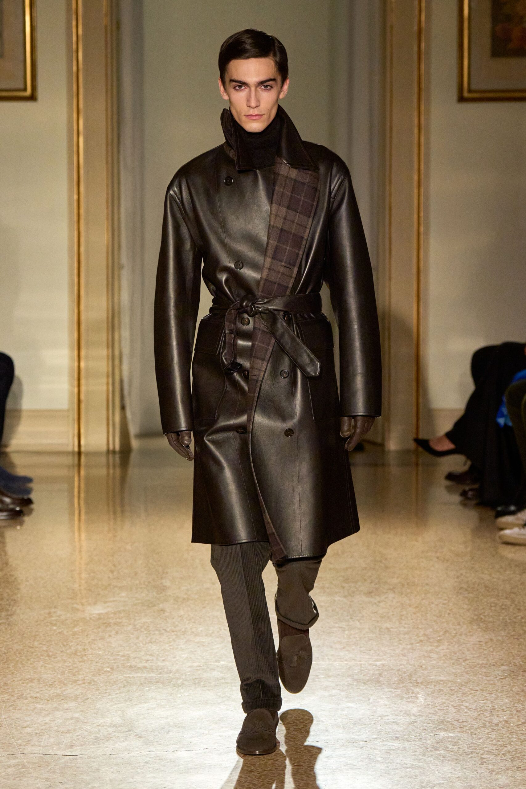 black leather belted coat