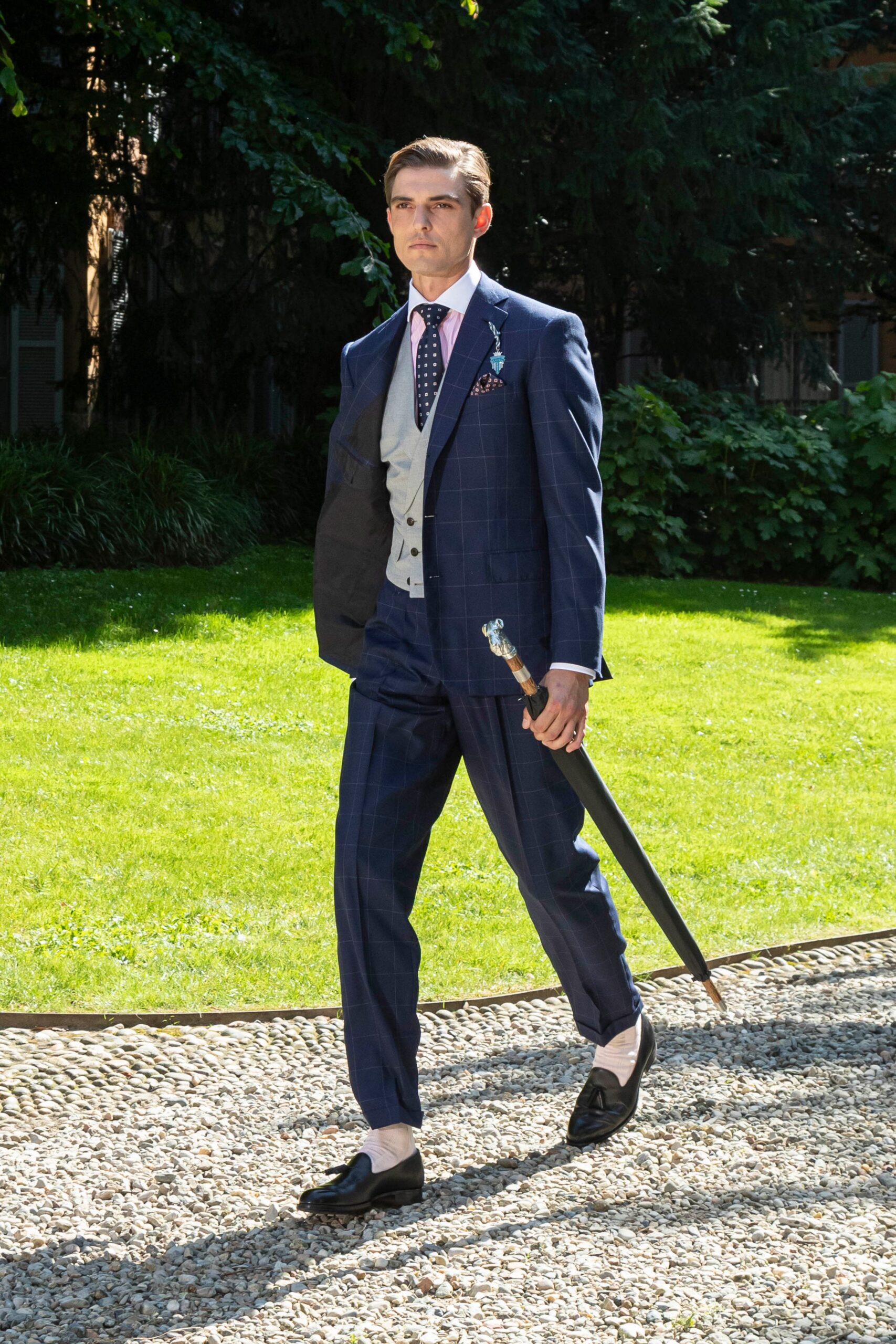 blue tailored suit with vest