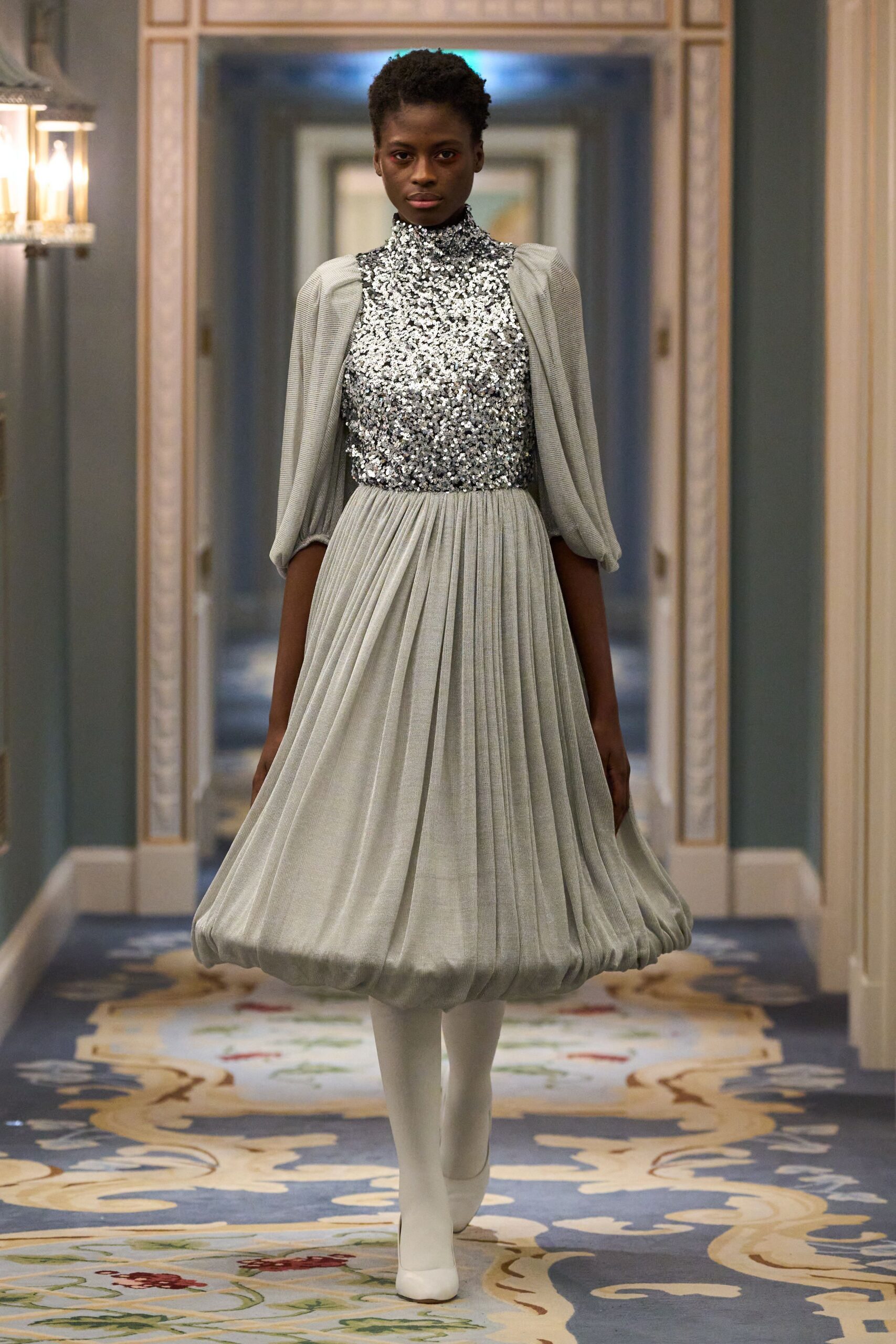 gray silk long-sleeve high-neck fitted pleated sequined dress