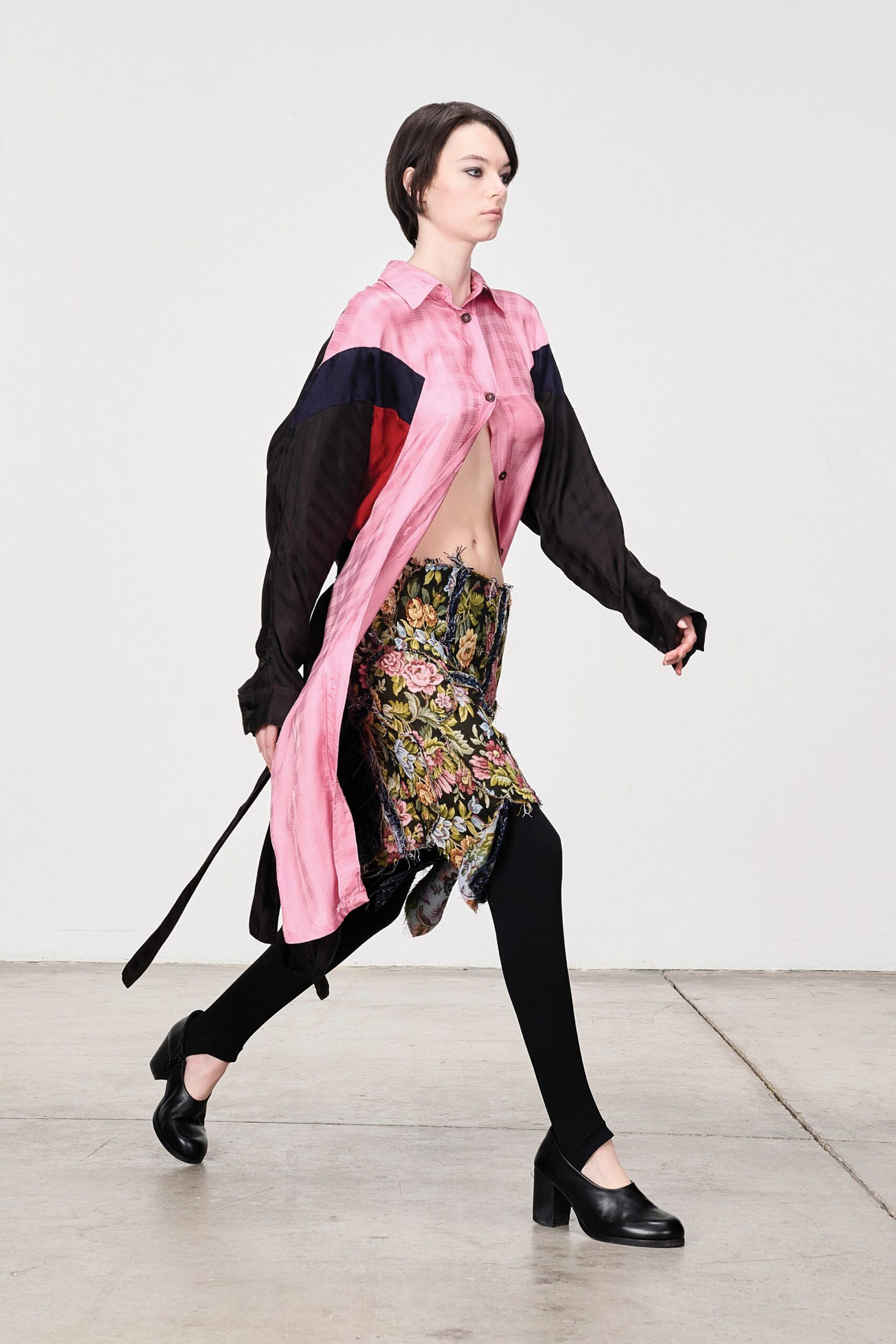 pink shirt-dress with floral skirt