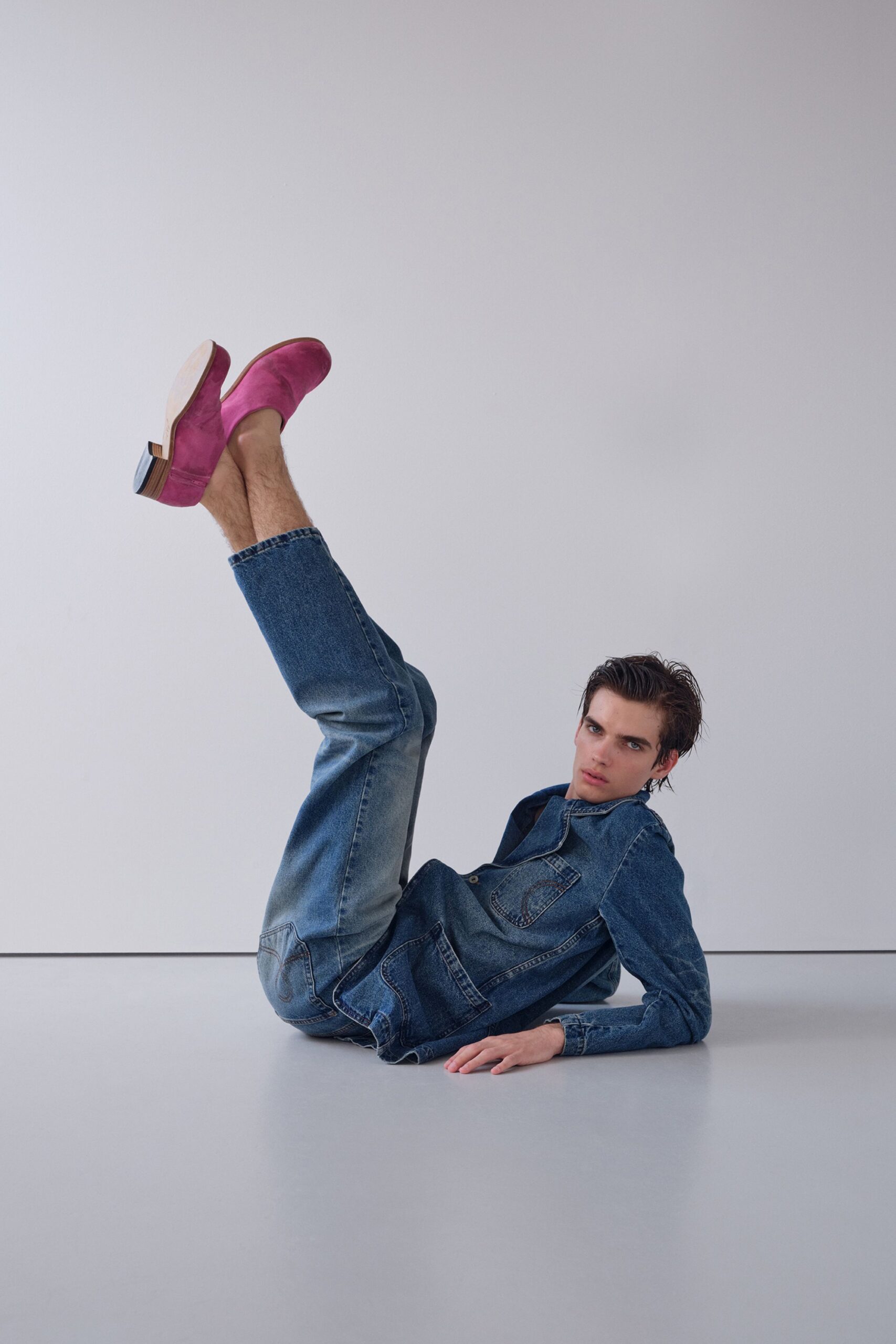 blue denim jacket and pants with pink shoes