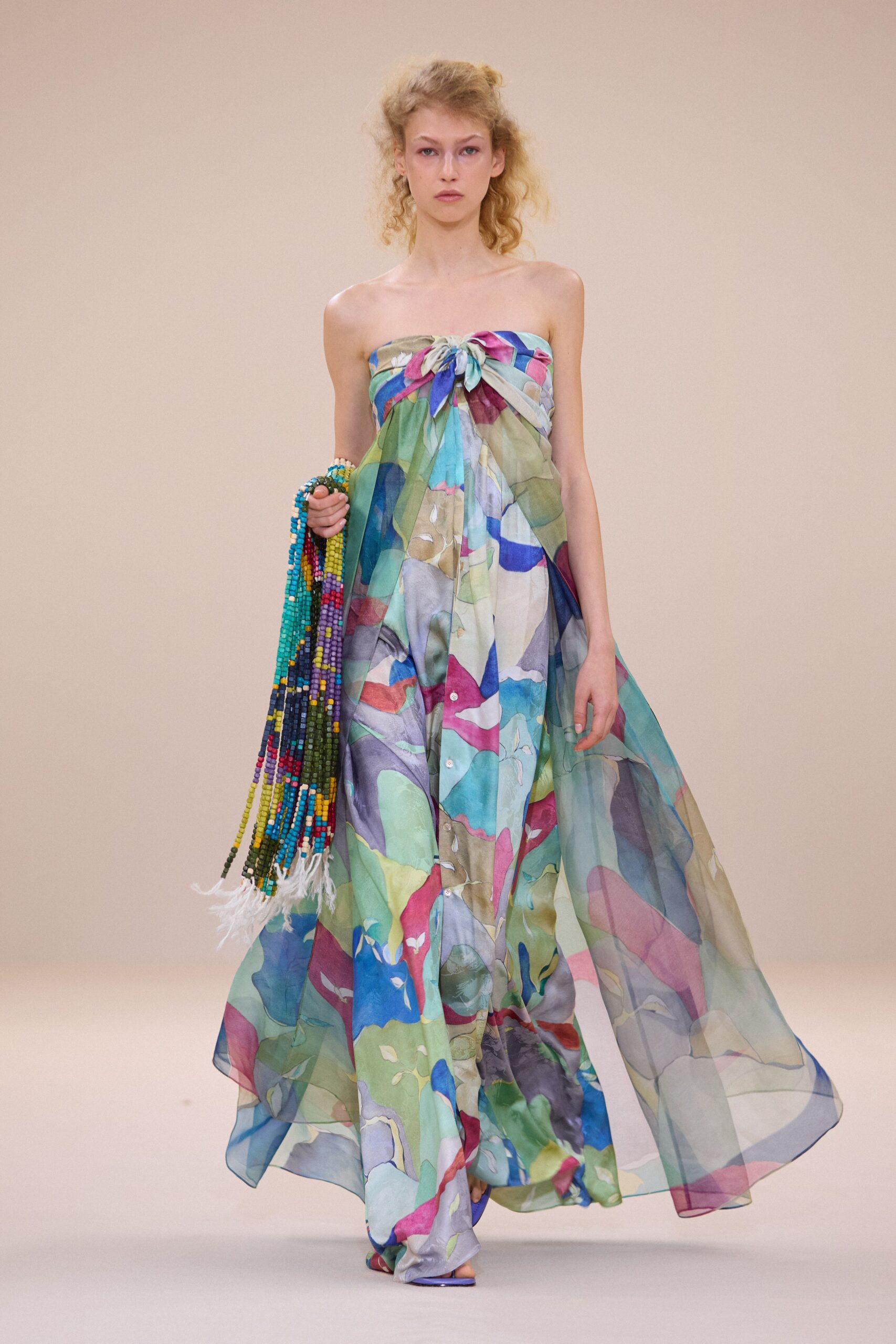 multi chiffon strapless relaxed draped flowing maxi gown