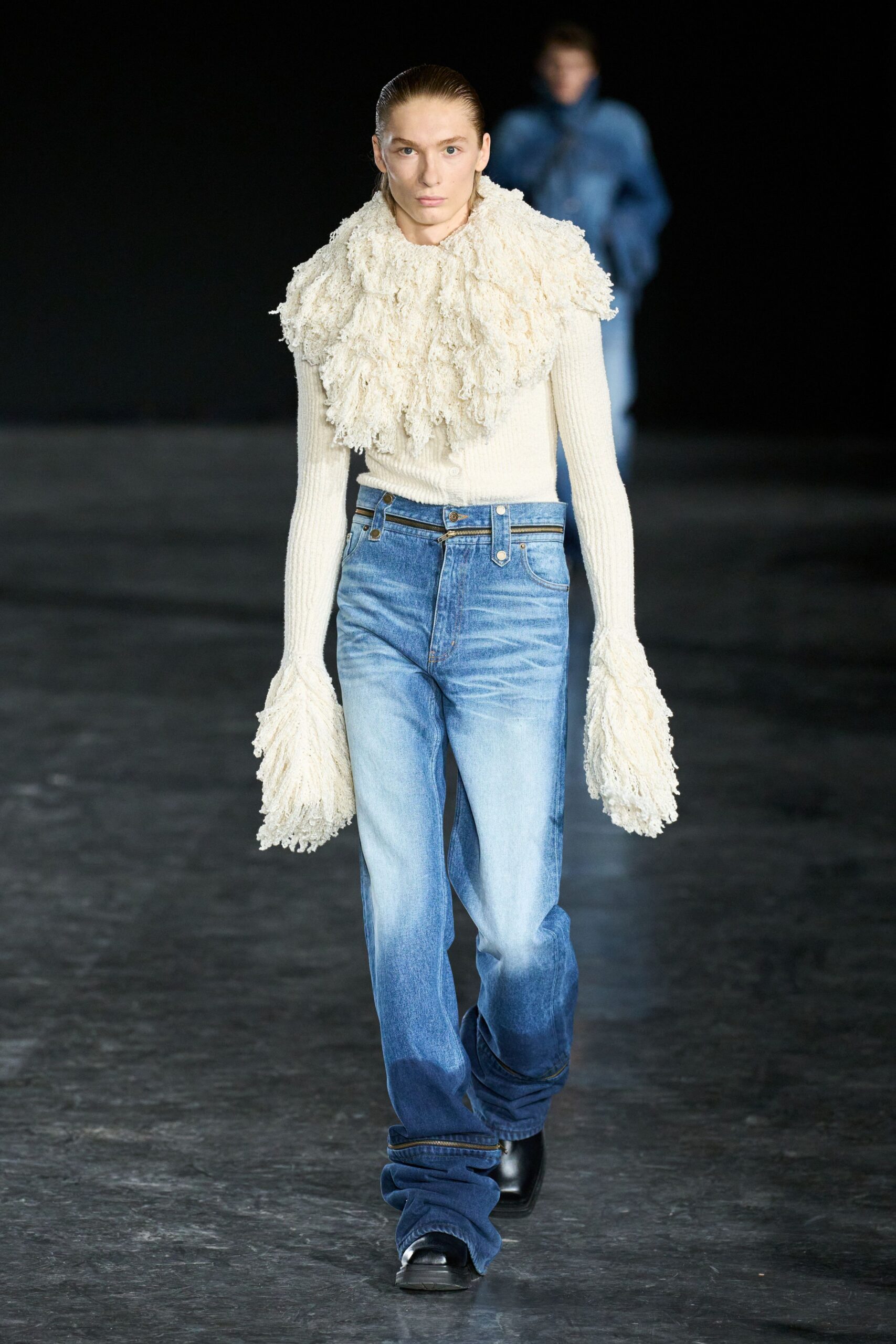 white wool long-sleeve high-neck fitted ruffled sweater
