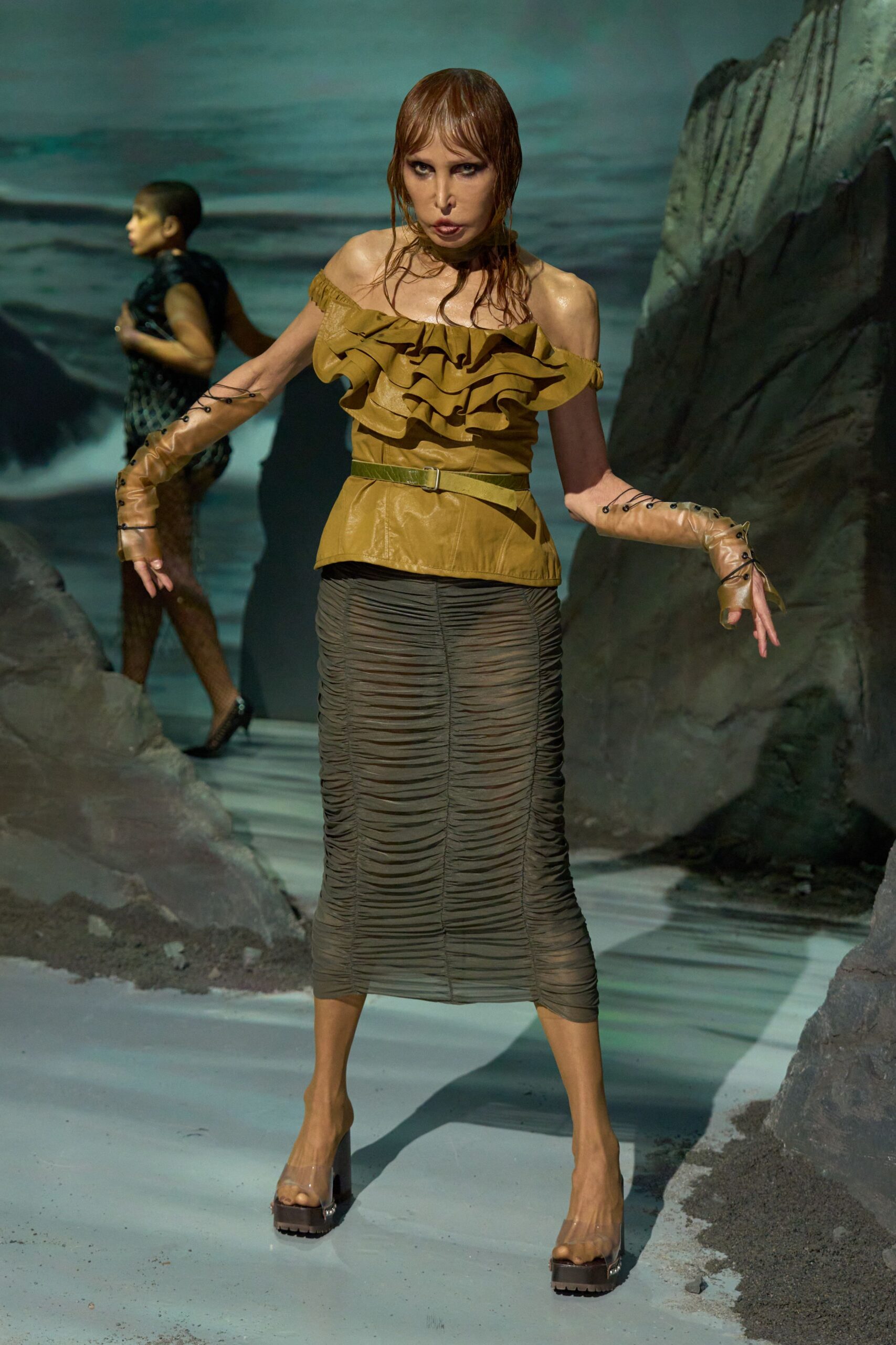 brown silk off-shoulder fitted ruffled top