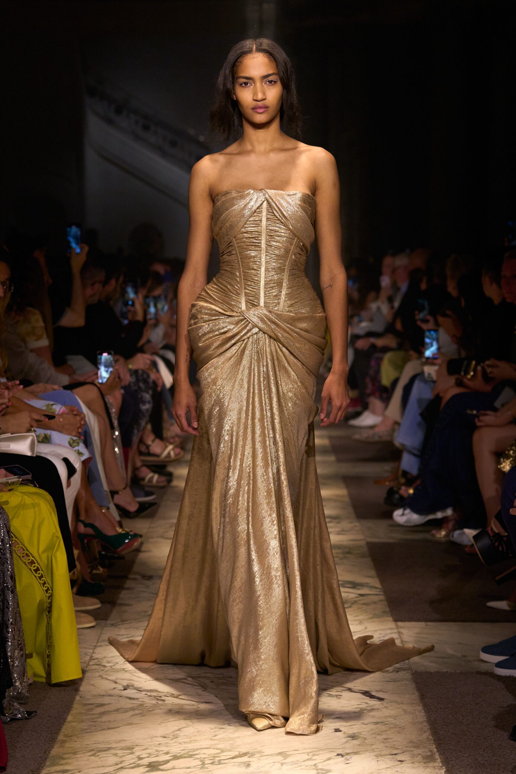 gold silk strapless gown