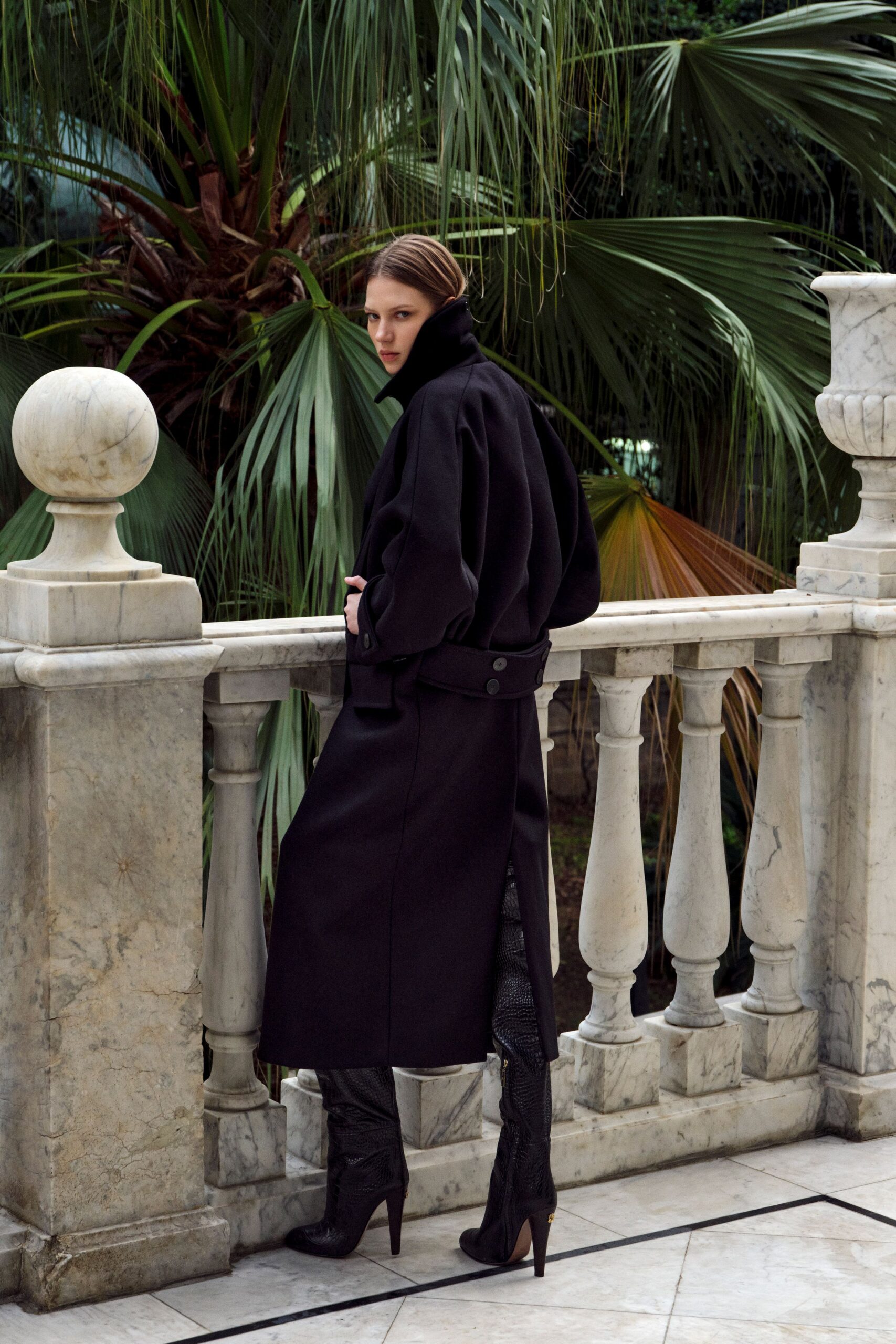 black wool long-sleeve collared oversized belted maxi coat