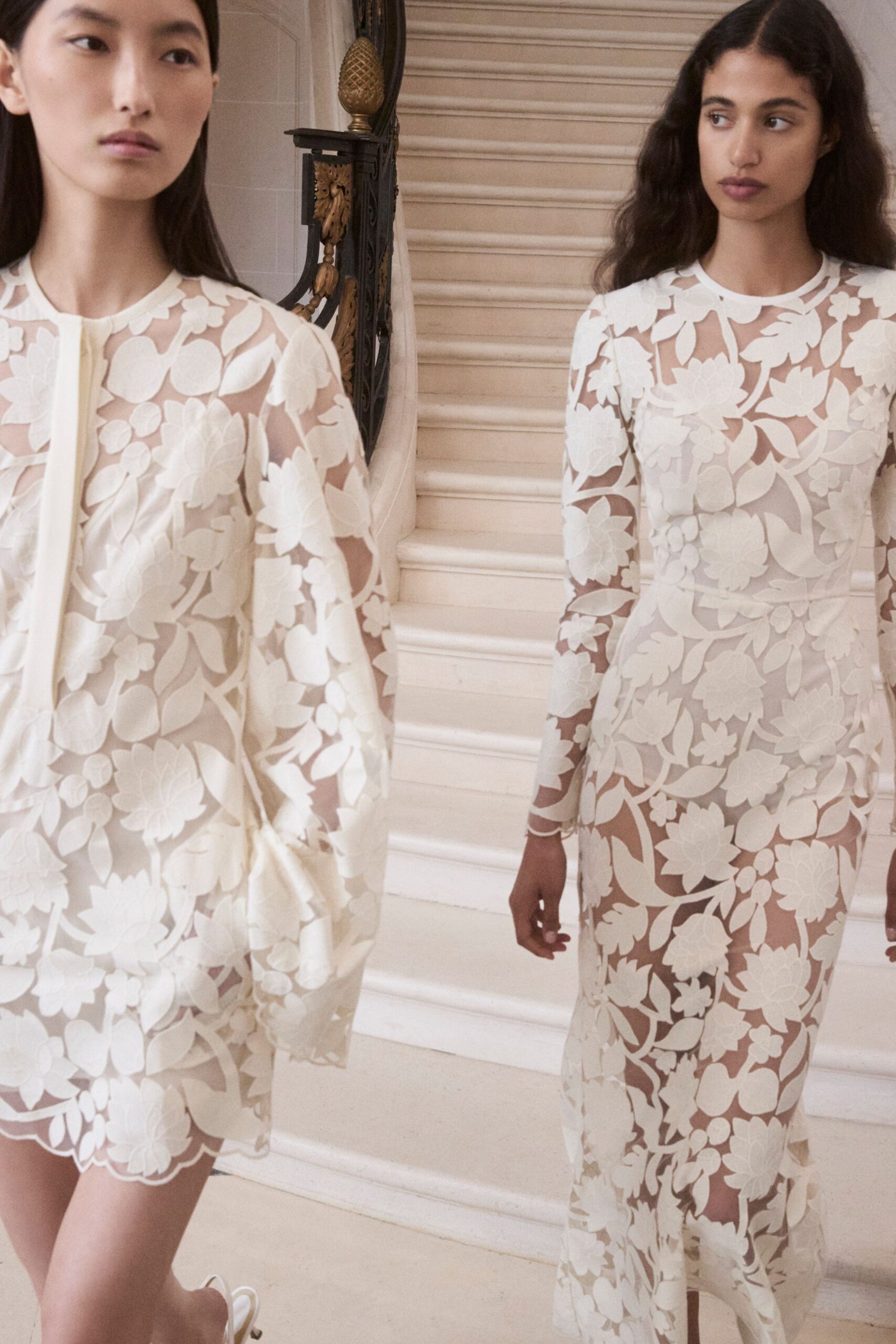 white lace long-sleeve v-neck fitted embroidered dress