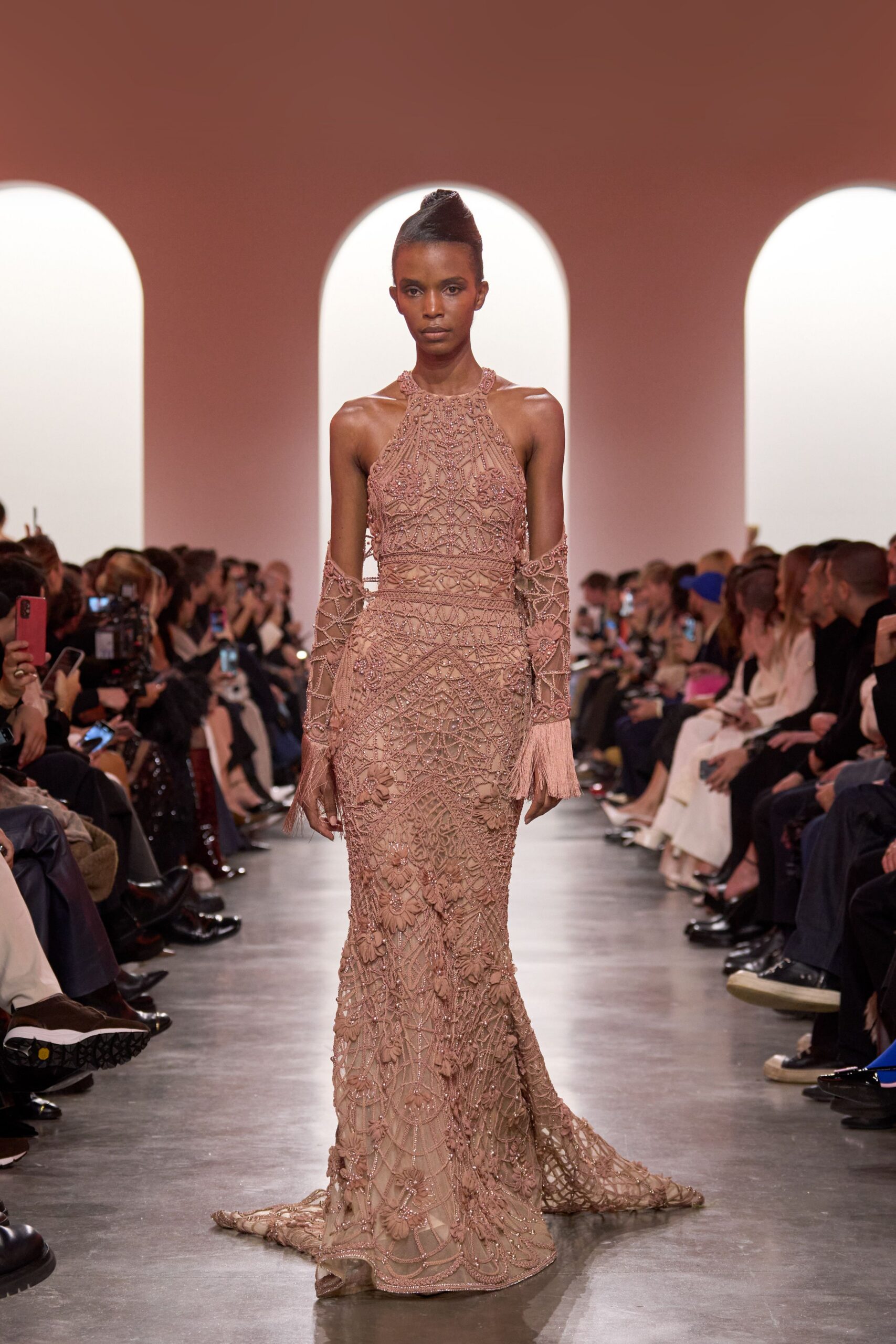 beige lace fitted gown