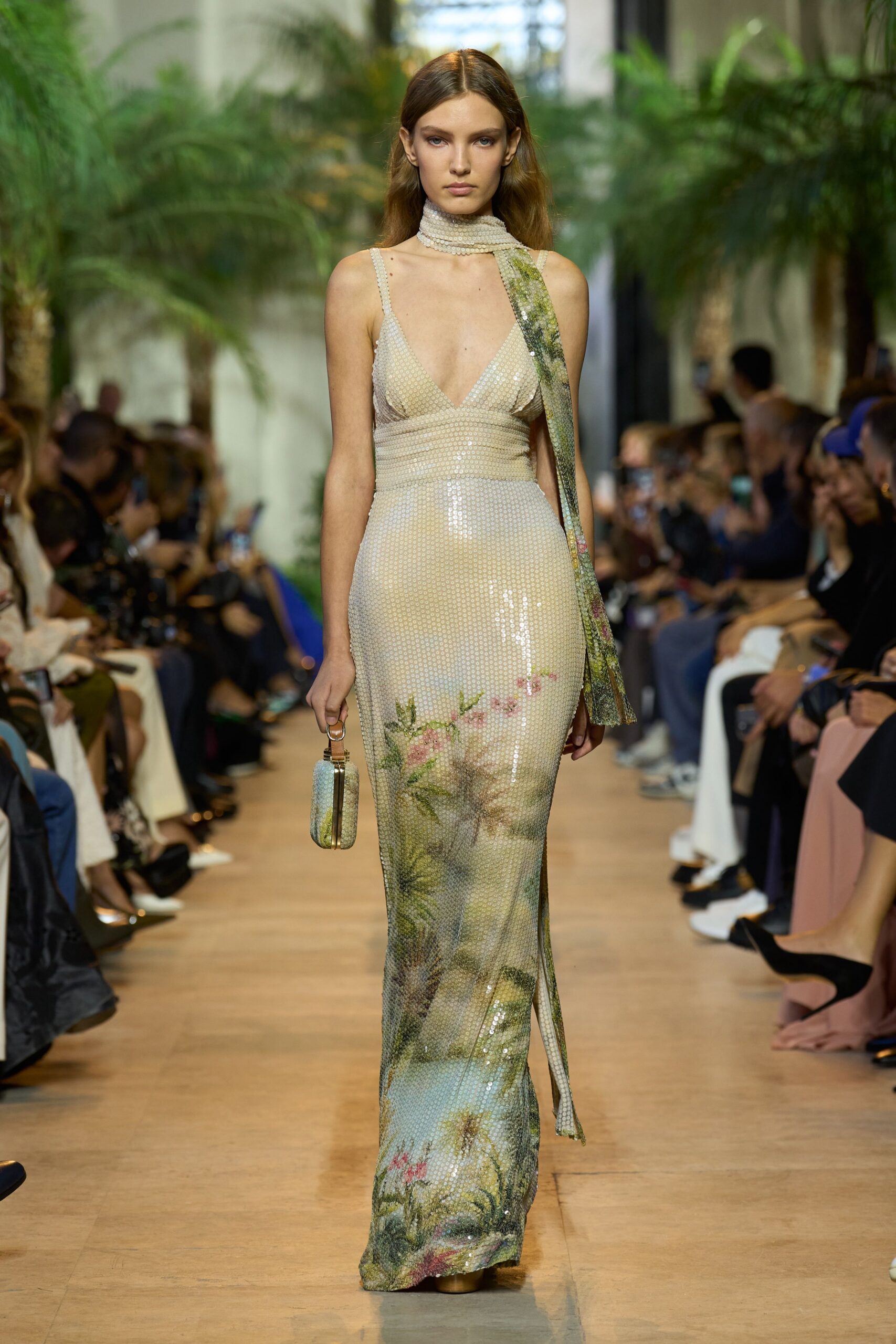 multi silk sleeveless v-neck fitted sequined flared gown
