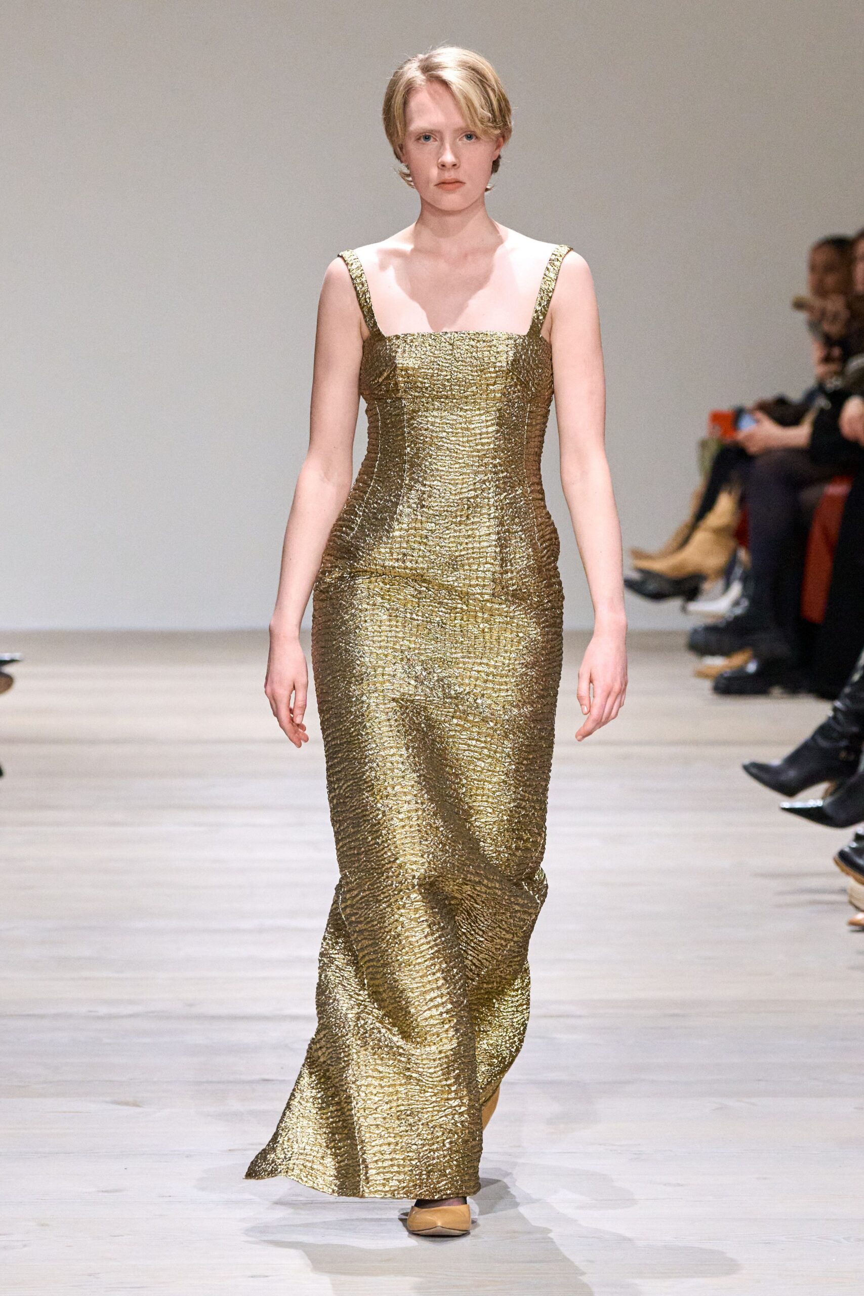 fitted gold metallic gown