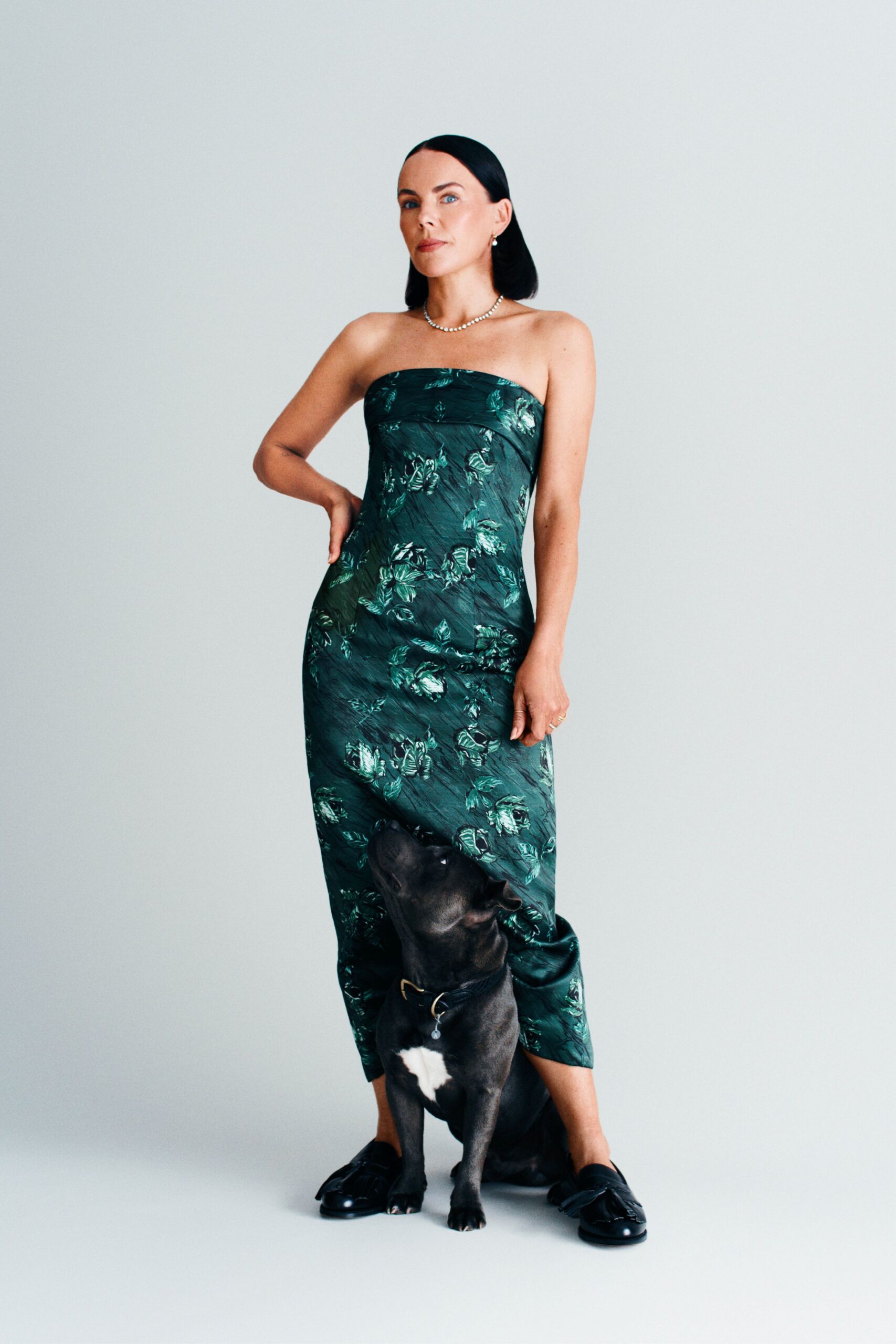 green silk strapless fitted floral maxi gown