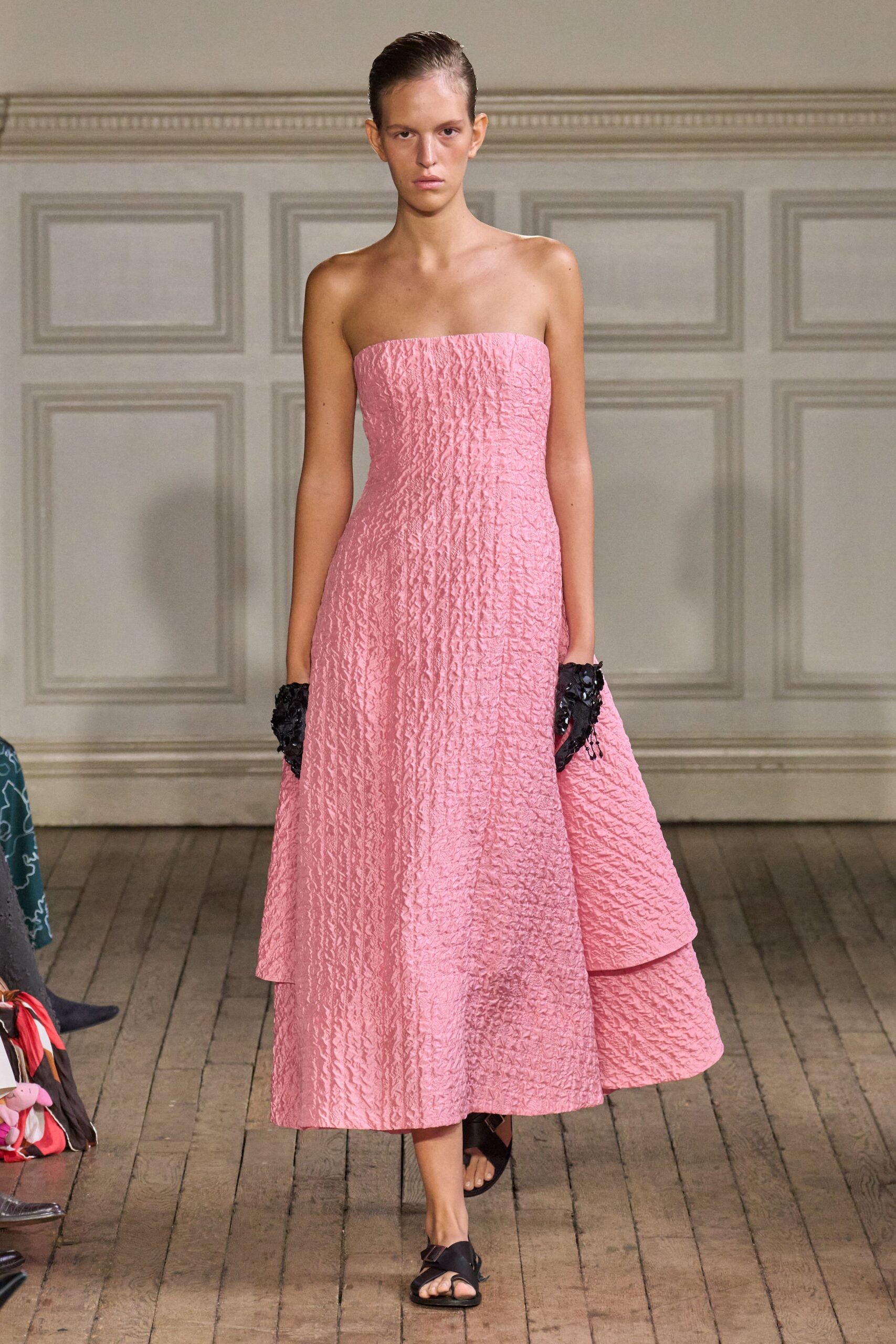 pink cotton strapless fitted pleated tiered midi dress