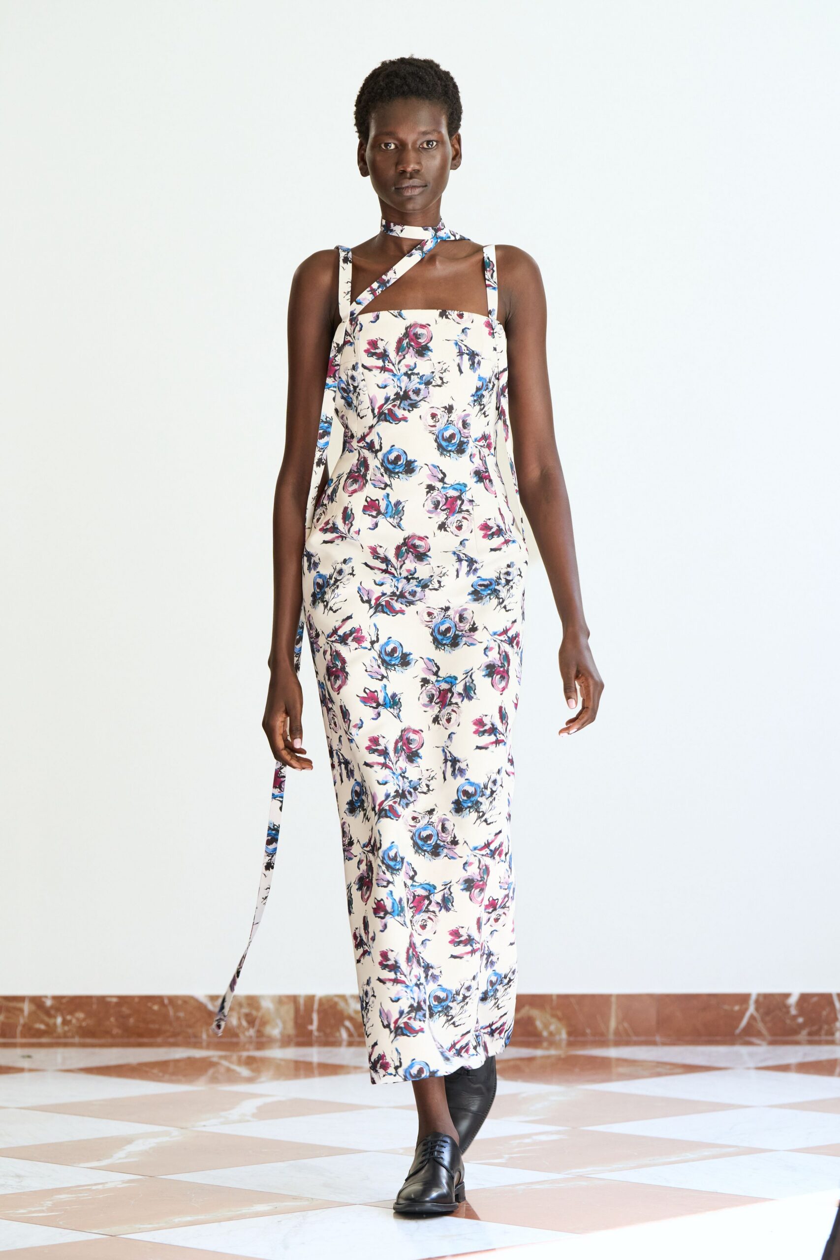 white cotton sleeveless square-neck fitted floral tiered dress