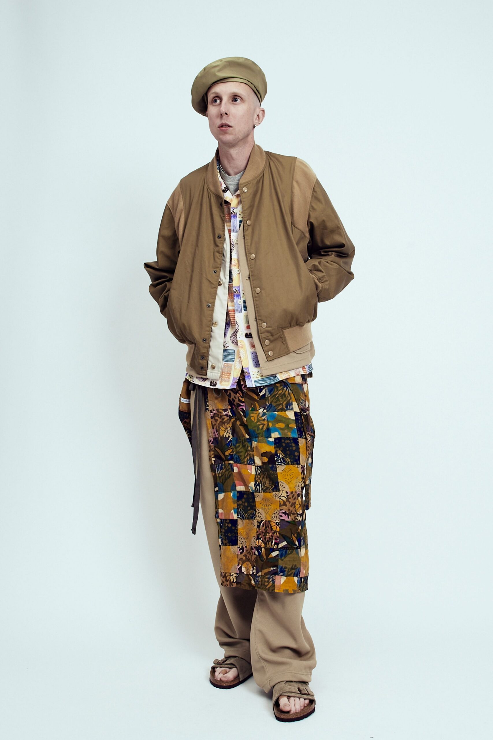 brown relaxed jacket with printed shirt