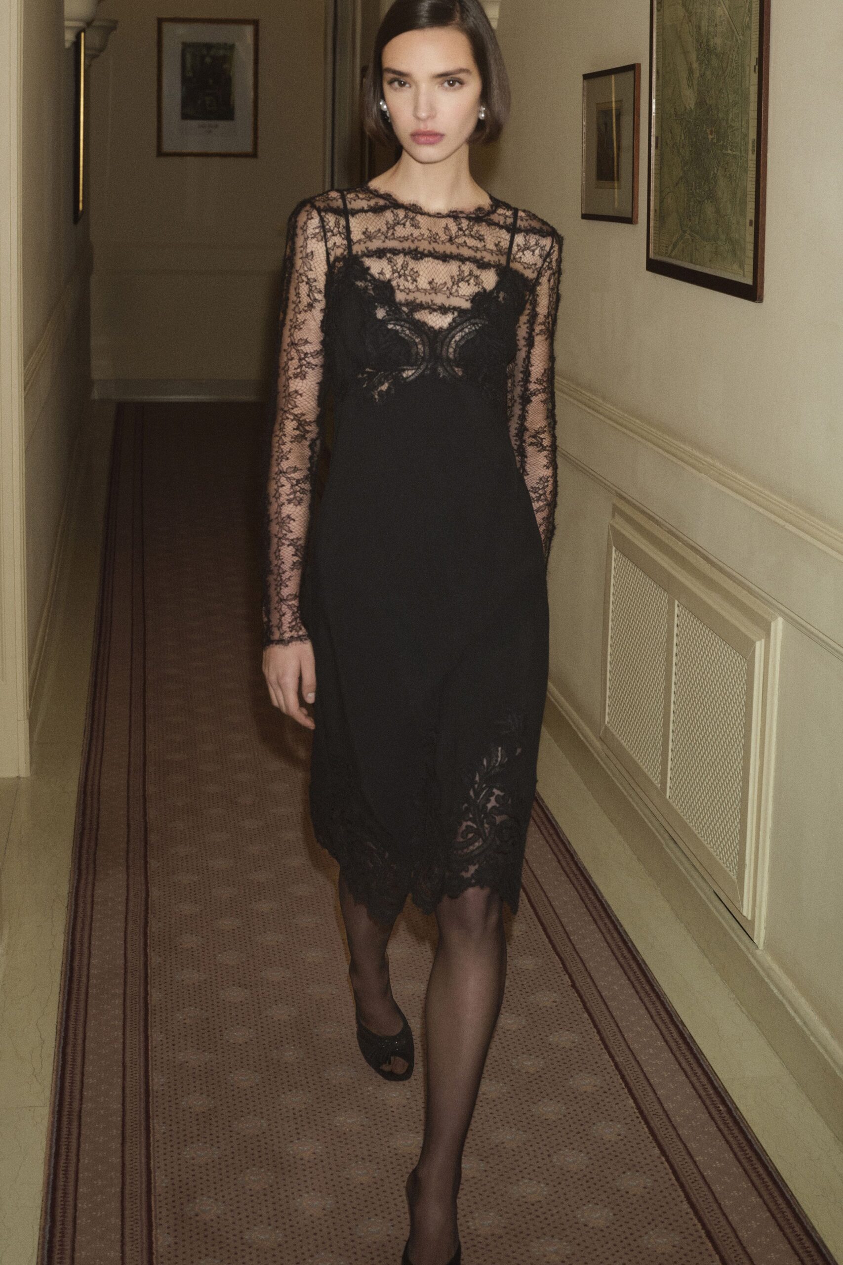 black lace midi dress with long sleeves